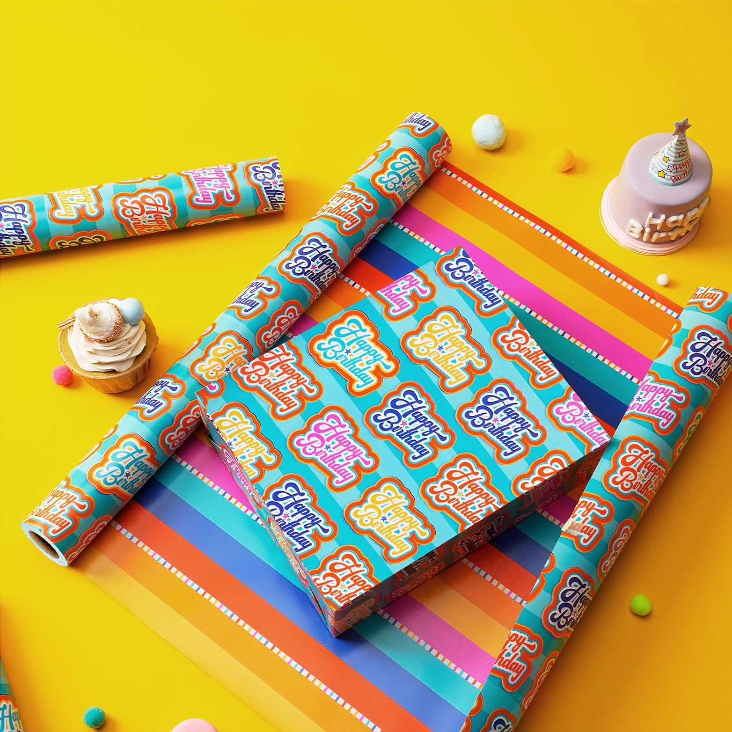 Birthday Reversible Wrapping Paper Mini Roll, Happy Birthday Text And Colorful Stripes, Perfect For Parties And Holiday Gifts, 17" X 33' (46.7 Sq. Ft)