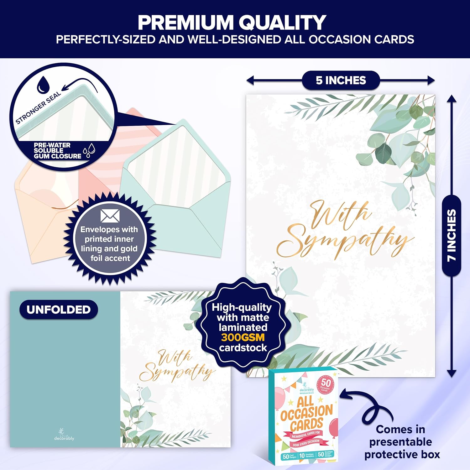 50 Pack Gold Foiled & Glittery 5X7In All Occasion Cards Assortment Box With Envelopes & Stickers, 50 Unique Designs For Friends, Family And Loved Ones With Printed Message - Gifting, Mailing