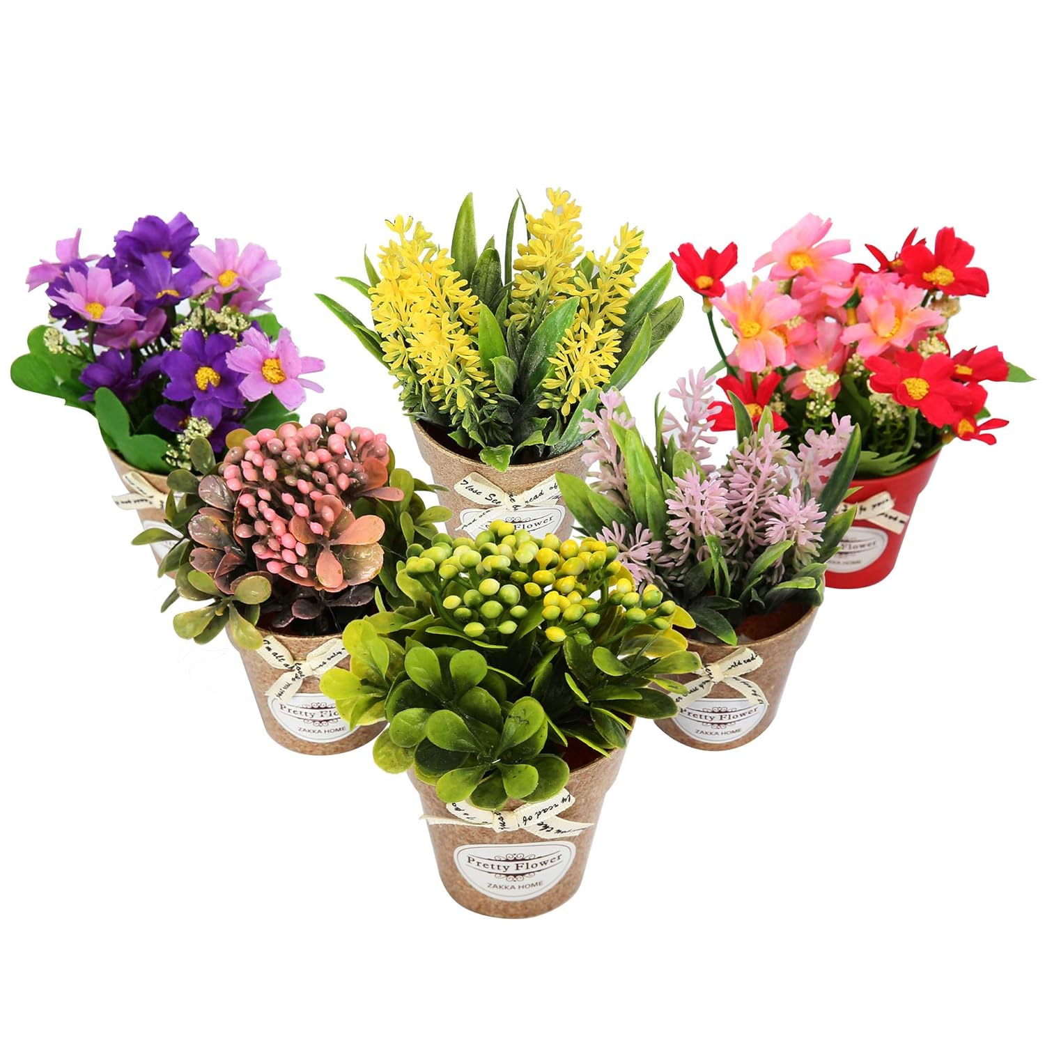 Set Of 6 Potted Artificial Flowers Fake Flowers With Vase Faux Flowers In Pot, Spring Decor For Home Office Floral Arrangement For Table Dinning Room Decoration Shelf Decor