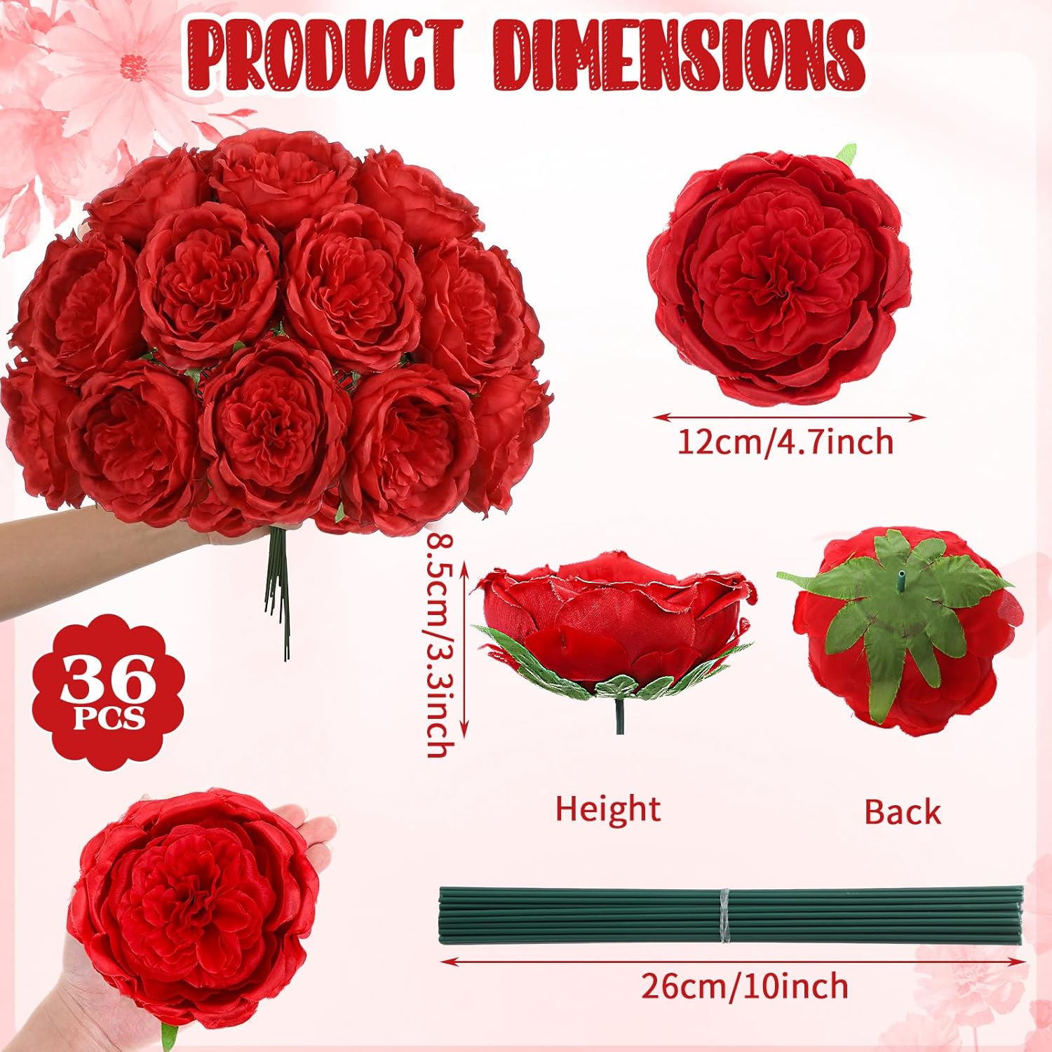 36 Pack Artificial Austin Rose Peonies 4.7 Inch Real Touch Fake Flowers Silk Flowers Faux Fabric Peony With Stems And Leaves For Wedding Centerpiece Home Table Decor Party(Burgundy)