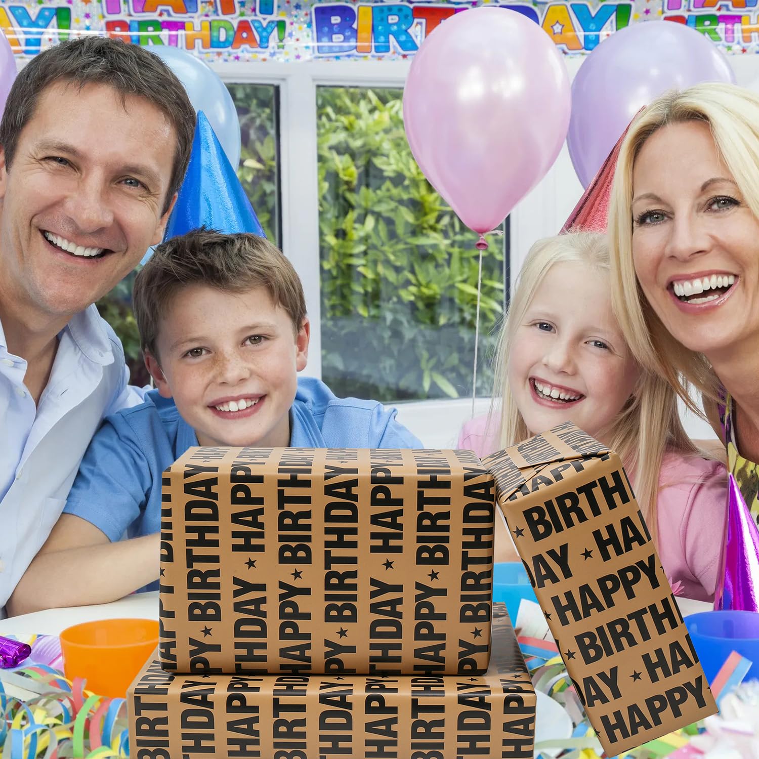 Brown Birthday Wrapping Paper Roll - Vintage Black Happy Birthday Design For Party, Baby Shower - 17.7 Inch