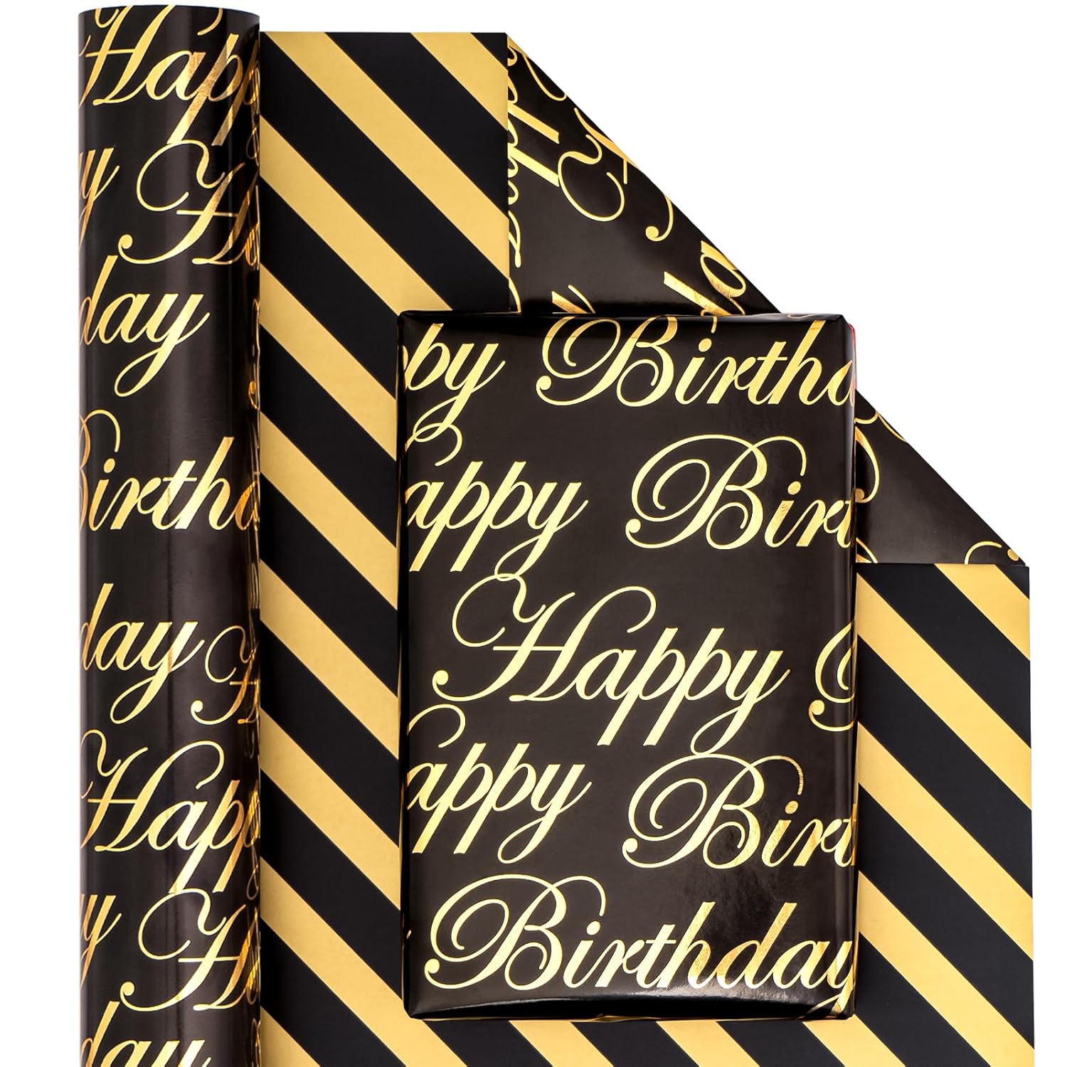 Reversible Birthday Wrapping Paper - Mini Roll - 17 Inch X 9.8 Feet - Black And Gold Foil Happy Birthday Wrapping Paper For Men, Boys, Baby Shower