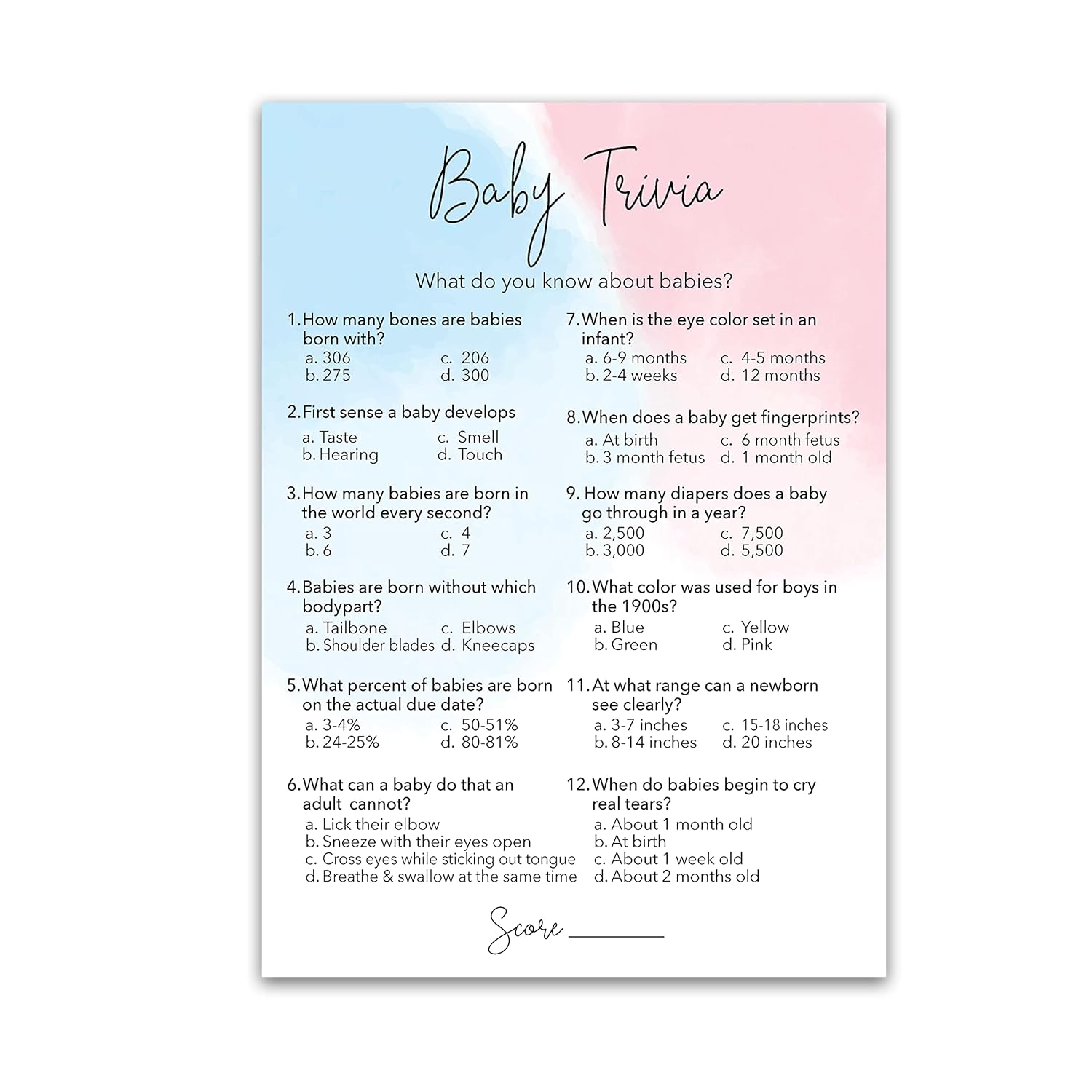 Gender Reveal Party Game — Baby Trivia Game — Pack Of 25 — Minimalist Pink Or Blue Fun Baby Facts Games, Blue Or Pink Trivia Gender Neutral Baby Shower Games Activities, Coed Couples Shower G752-Trv