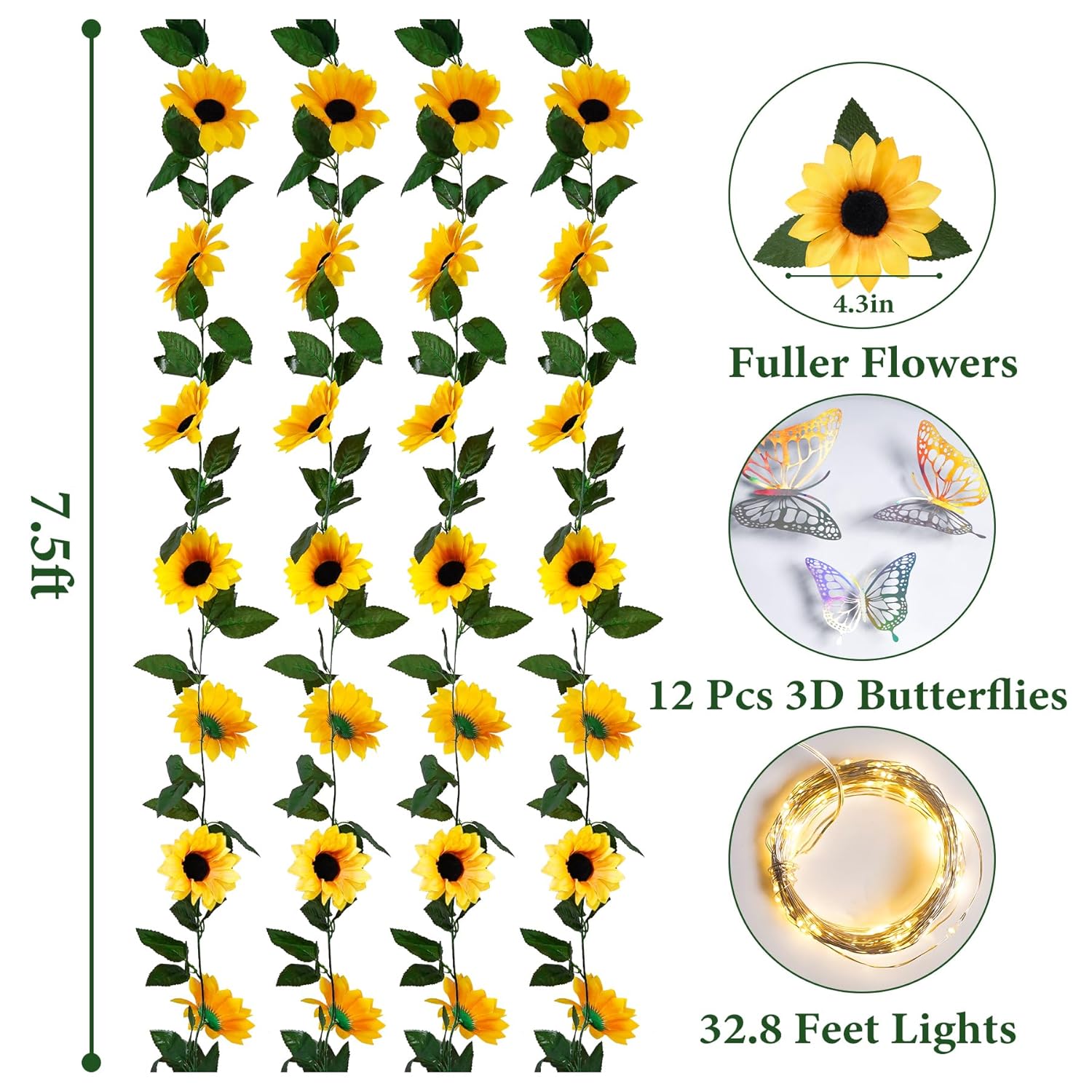 4 Pack Sunflower Garland Decor,7.5Ft Artificial Sunflower Vines With Lights,Hanging Fake Silk Flower Garlands For Table Centerpieces Wedding Party Birthday Decorations