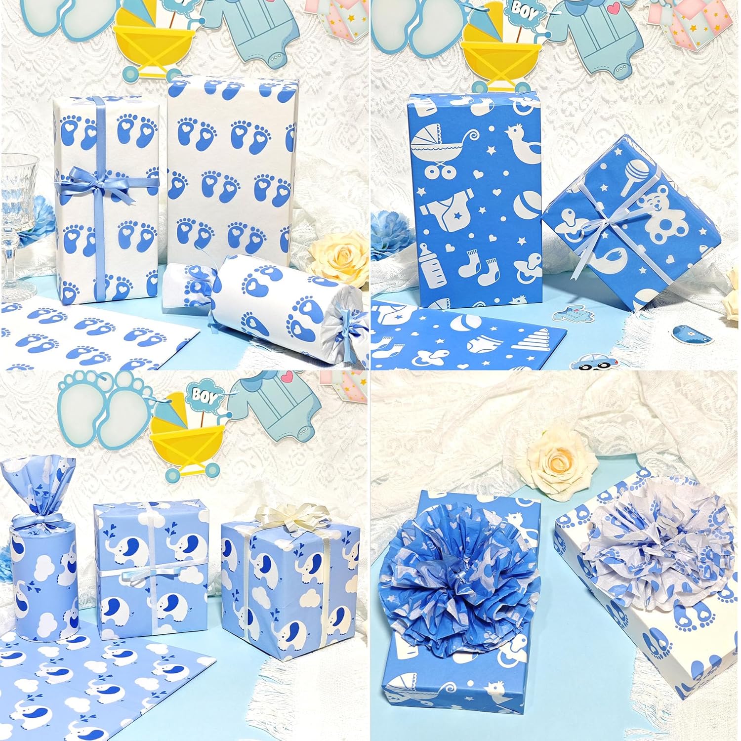 Baby Blue Tissue Paper 28X20 Inch, 30 Sheets Large Baby Boy Gift Wrap Tissue Paper For Gift Bag & Packaging, Cute Elephant Footprint Cloud Print Art Tissue For Baby Shower, Birthday, Anniversary Craft