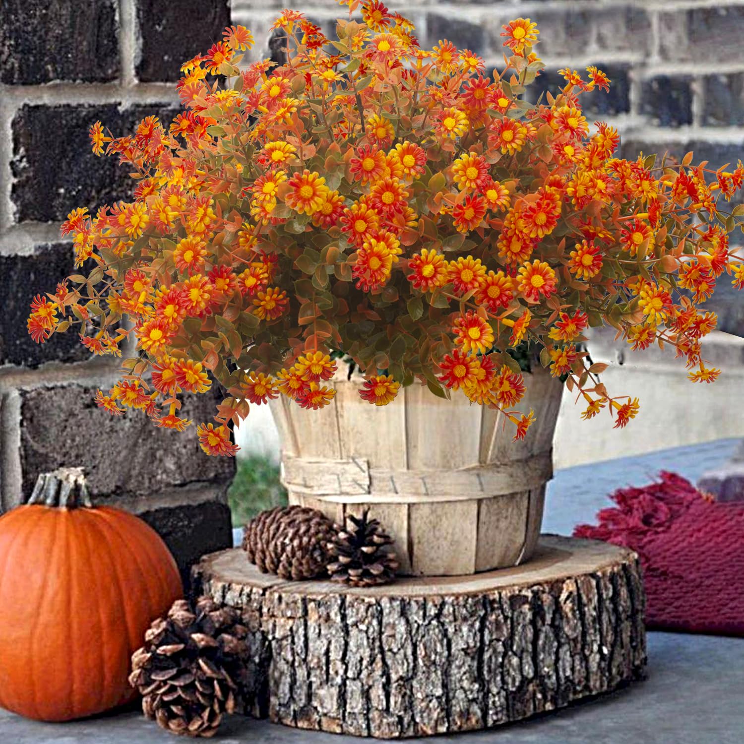 12 Bundles Artificial Fall Flowers For Outdoors Fake Plants - Faux Outside Greenery Boxwood No Fade Plastic Shrubs Decor Farmhouse Home Garden Thanksgiving (Fall Red)