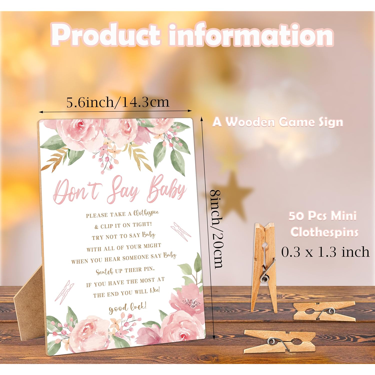 Don'T Say Baby Clothespin Games Sign, Pink Flowers Baby Shower Games, 1 Wooden Sign With 50 Mini Clothespins, Game Activity For Baby Shower, Gender Reveal Party Favors Decorations