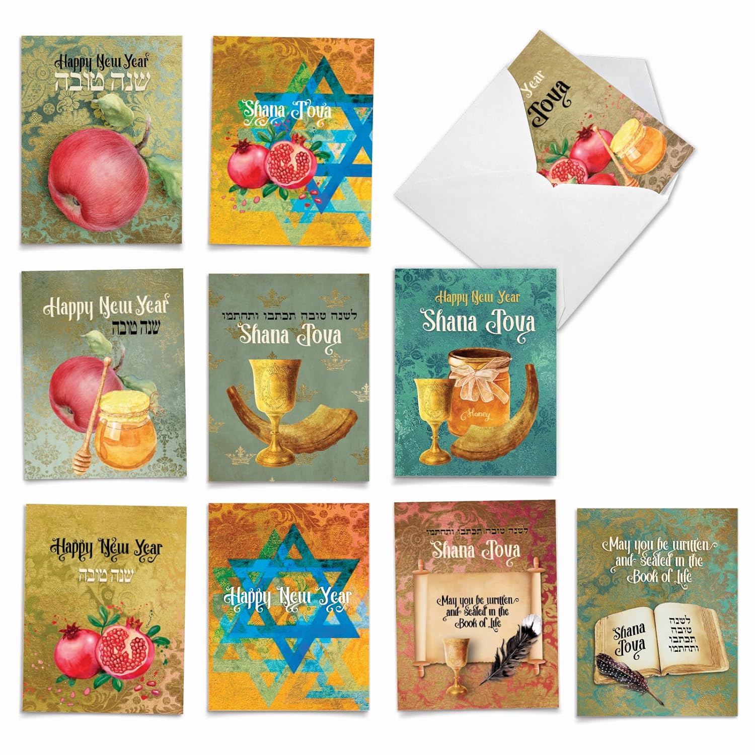 - 10 Assorted Rosh Hashanah Note Cards Boxed Set 4 X 5.12 Inch With Envelopes (10 Designs, 1 Each) Jewish Holiday Cards Shana Tova Greetings Am6135Rhg-B1X10