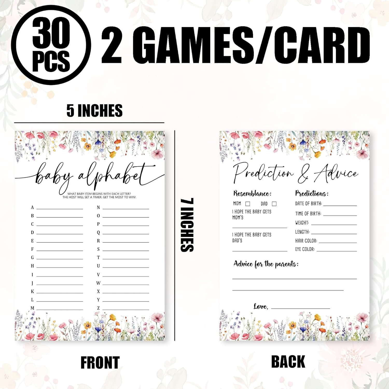 Wild Floral Baby Shower Game - Baby Alphabet,Prediction And Advice - 2 Games, 30 Pcs Double Sided Theme Game Cards For Boy Girl, Gender Reveal Games, Baby Shower Favor And Decorations - A03