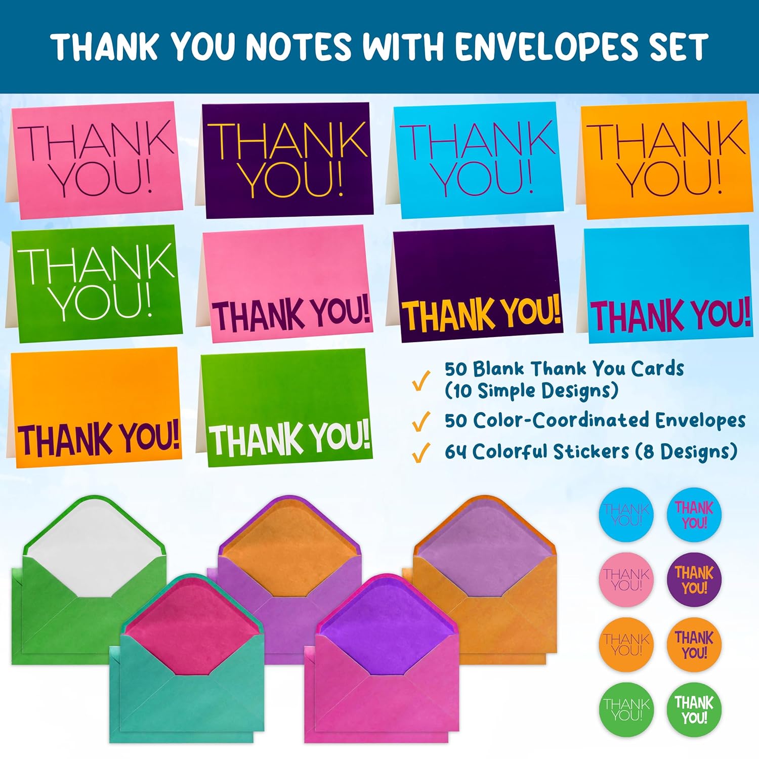 50 Pack Thank You Cards With Envelopes And Stickers, 4 X 6 Inch Blank Kids Thank You Notes | Appreciation Cards, Bulk Boxed Set For Students From Teachers, Birthdays, Small Business