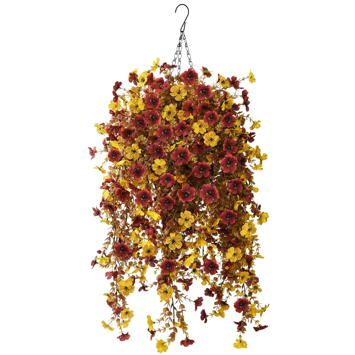 Fall Artificial Faux Mums Hanging Flowers Plants Basket For Outdoor Decoration,Fake Silk Daisy Planters Uv Resistant Look Real For Home Porch Patio Balcony Yard Autumn Decor (Yellow Brown)