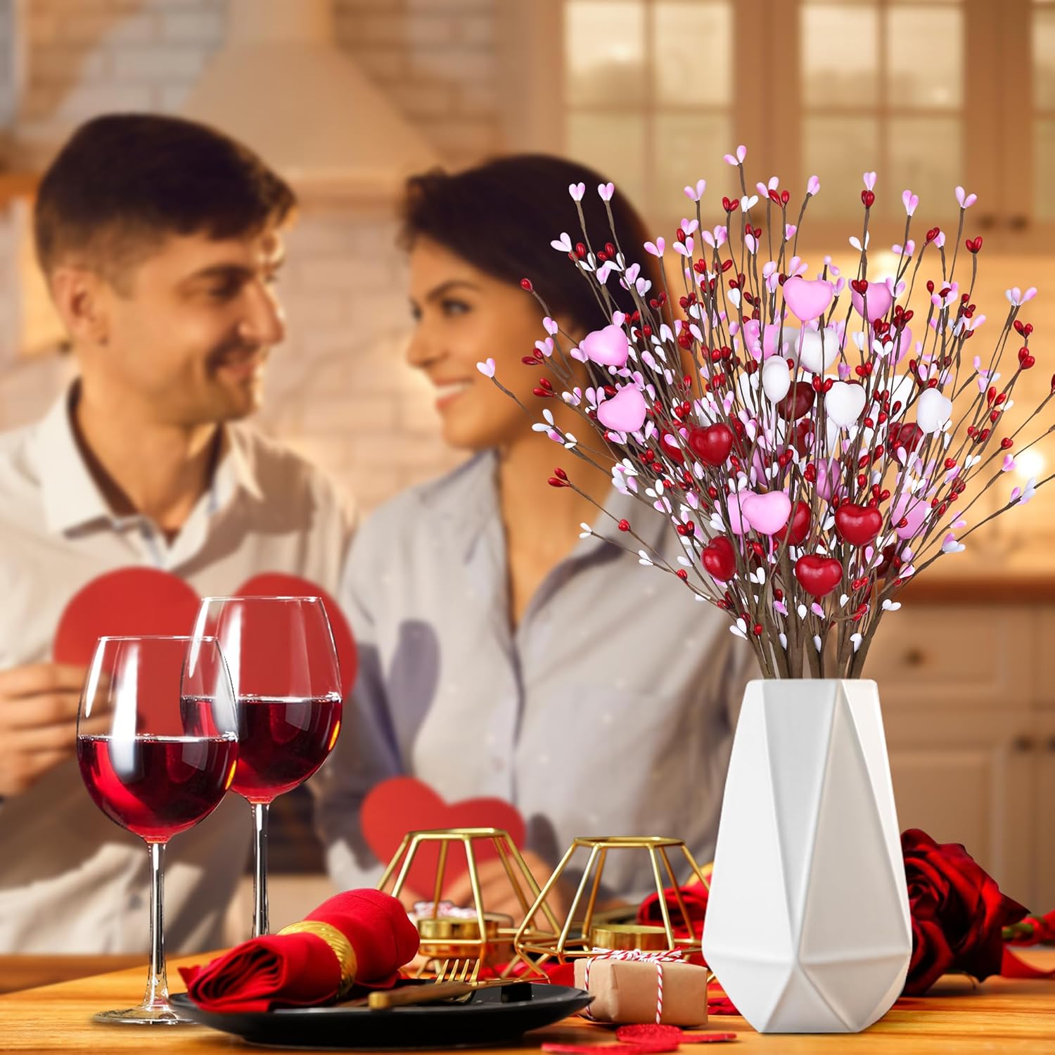 Valentines Day Decorations Artificial Heart Flowers Berry Stems Gifts, 6 Packs Red Pink White Heart Shaped Valentines Picks For Wedding Anniversary Vase Filler Valentine Decorations For Home Party