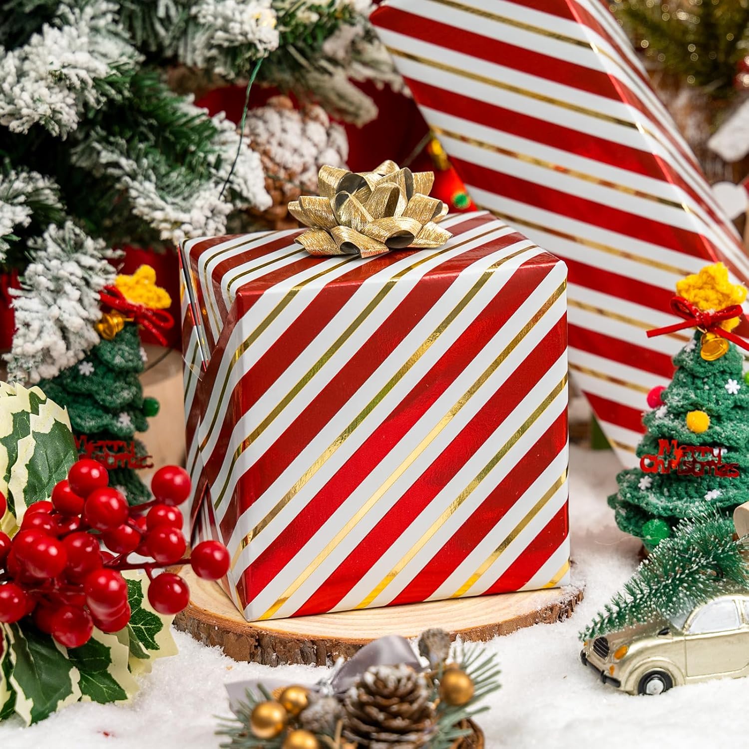 Gold Foil Stripes Wrapping Paper Mini Roll - 17 Inch X 32.8 Feet - Red & Gold Stripe Perfect For Christmas, Birthday, Holiday, Wedding, Baby Shower And All Occasions