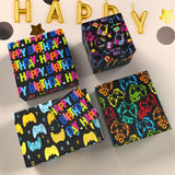 Gaming Birthday Wrapping Paper For Boys Girls Kids Baby Shower,Black Gift Wrapping Paper With Colorful Gamepad, Pink Headphones, Happy Birthday, Easy To Store, Not Rolled.