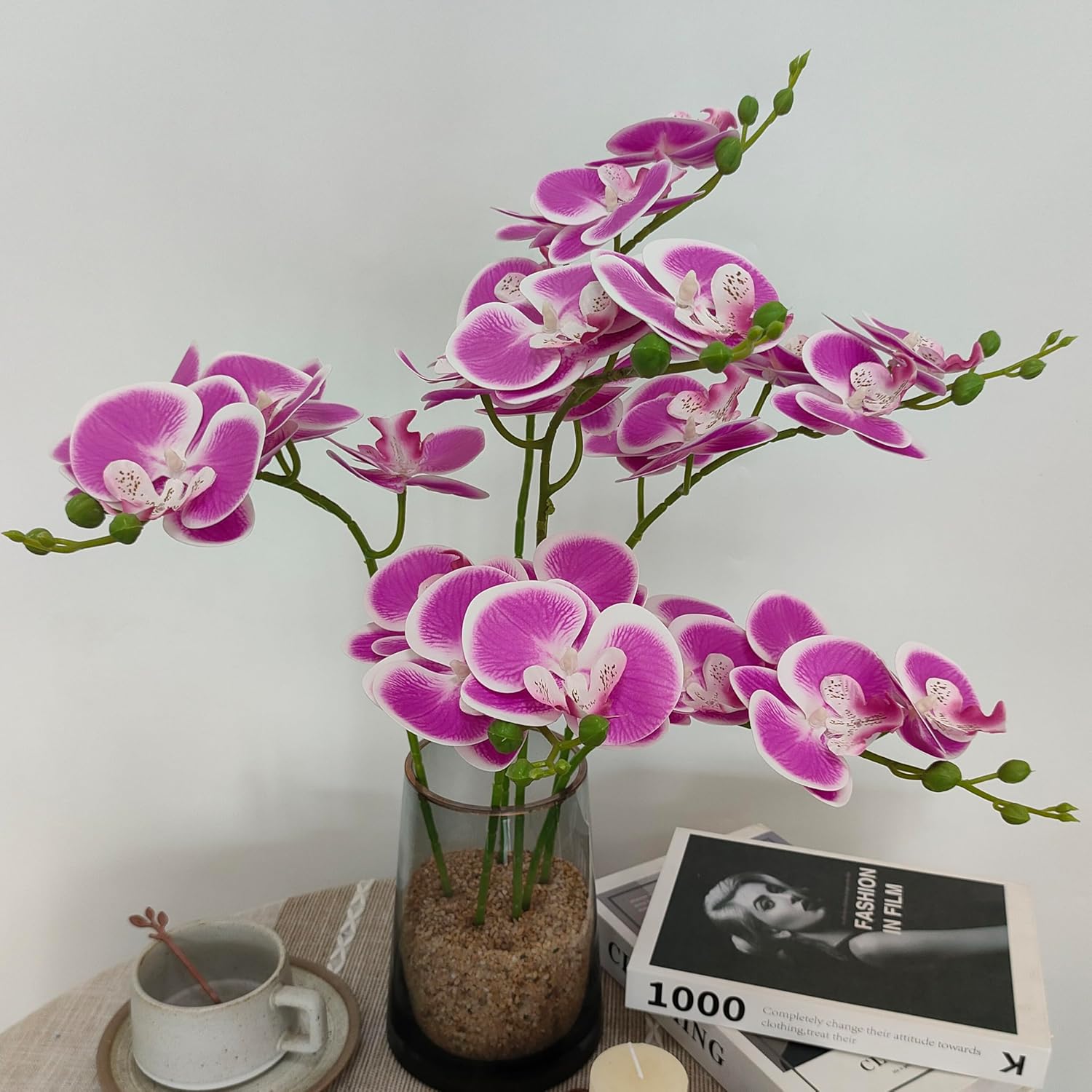 6 Purple Orchid Artificial Flowers Real Touch, 23'' Artificial Faux Realistic Latex Orchid Stem Bouquets, Fake Phalaenopsis Flower For Wedding Home Arrangement Décor (6, Rose Red + White Edge)