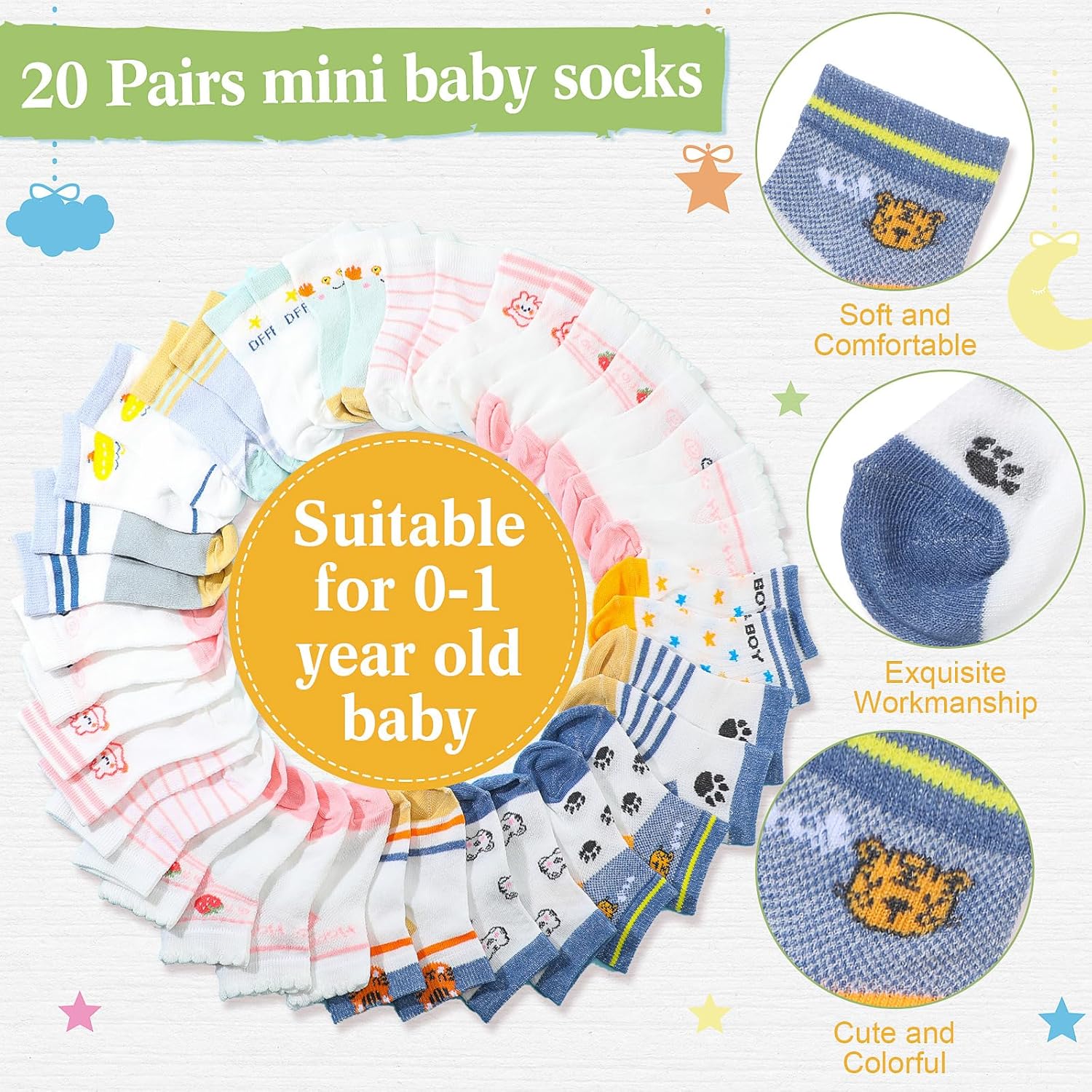 21 Pcs Baby Shower Games Include Baby Sock Hunt Sign And 20 Pair Small Cotton Socks Wooden Table Sign With Holder For Gender Reveal Party Favors(Cute Style)
