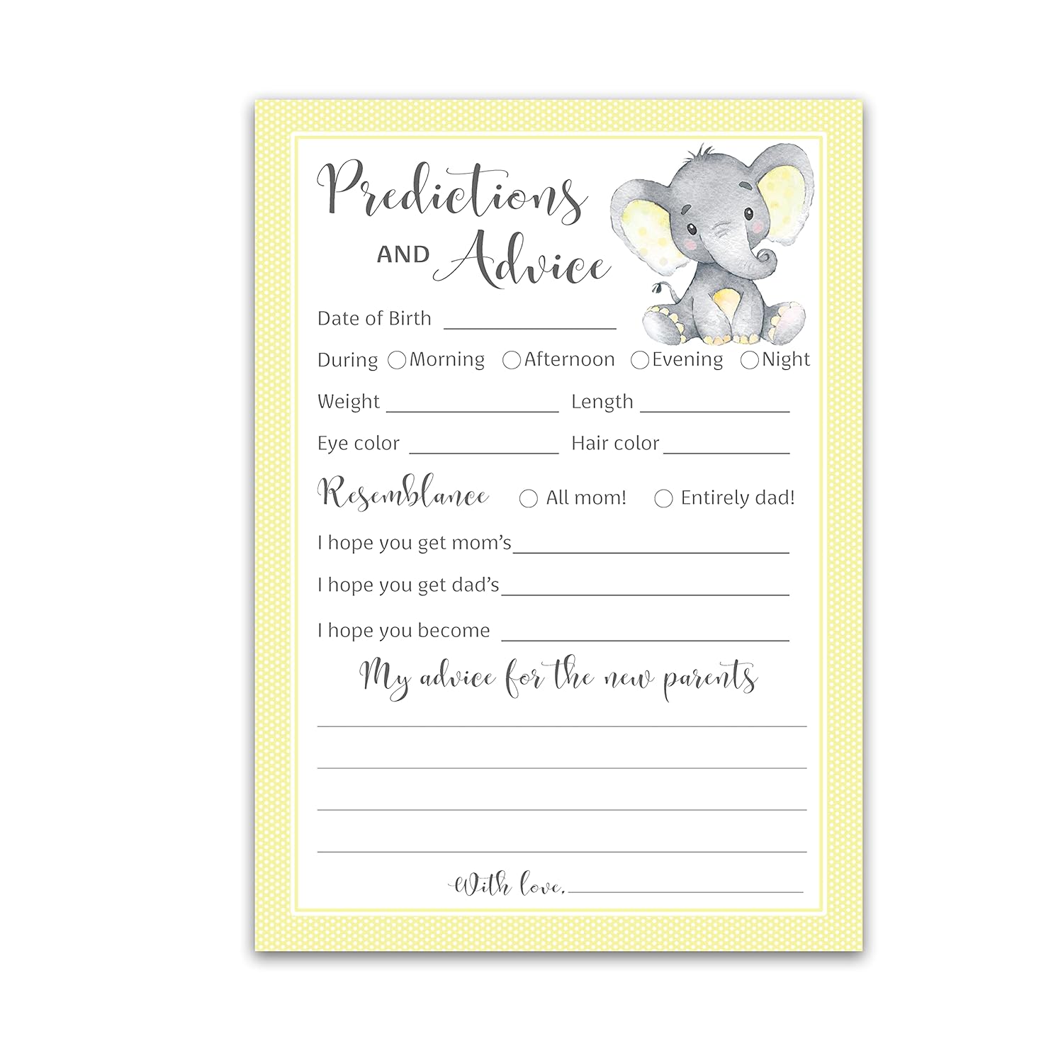 Yellow Elephant Prediction And Advice Cards - Pack Of 25 - Girl Boy Baby Shower Games, New Parents, Mom & Dad To Be, Mommy & Daddy Message, Couples Coed Shower Activity Keepsake Book Yellow G521-Pdav