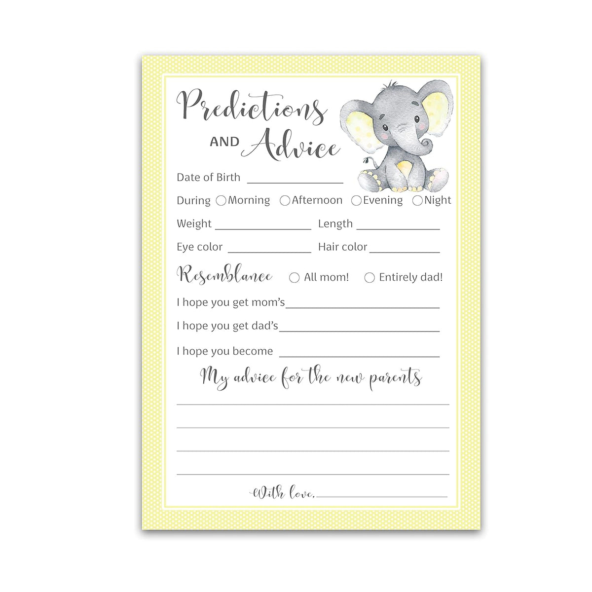 Yellow Elephant Prediction And Advice Cards - Pack Of 25 - Girl Boy Baby Shower Games, New Parents, Mom & Dad To Be, Mommy & Daddy Message, Couples Coed Shower Activity Keepsake Book Yellow G521-Pdav
