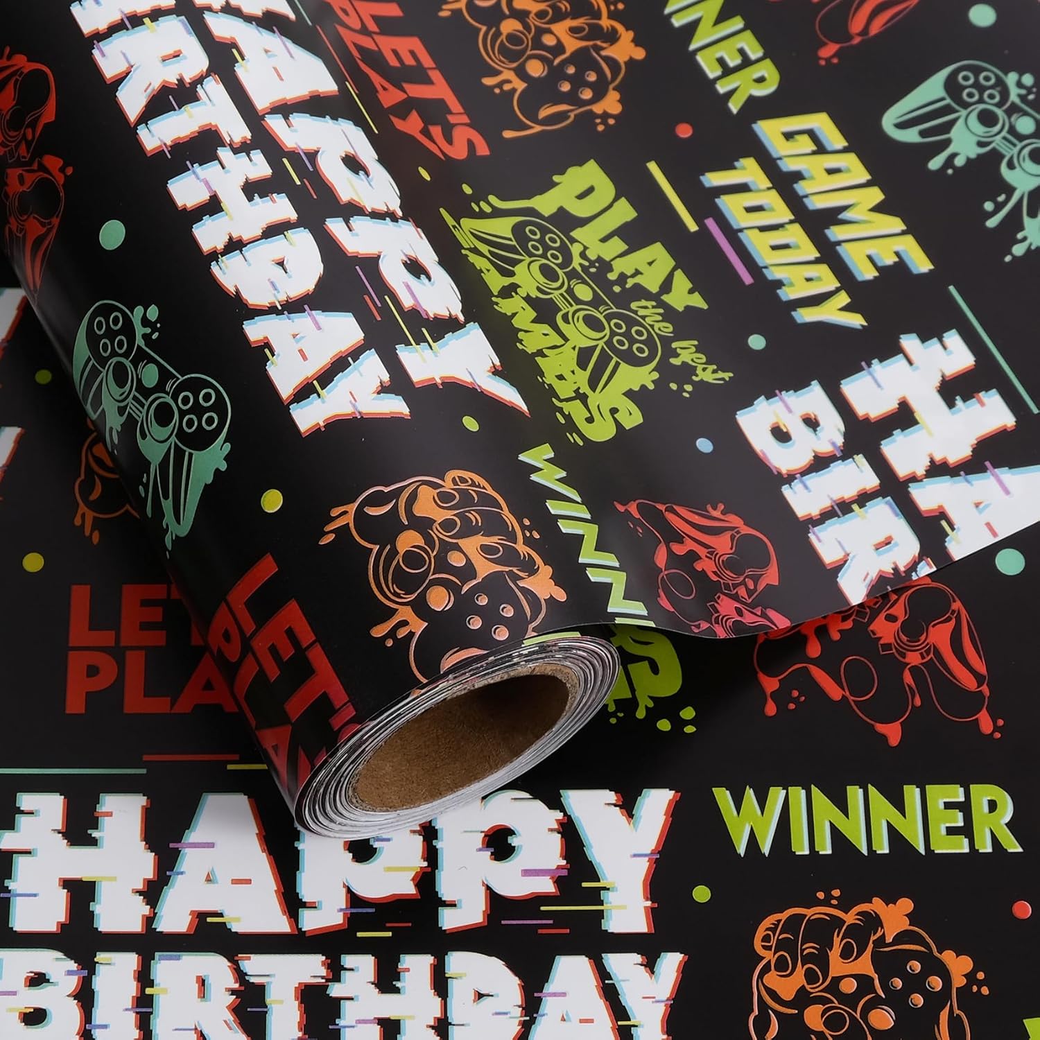 Gaming Birthday Wrapping Paper Roll - 17 Inch X 32.8 Feet - Black Happy Birthday Video Game Pattern Gift Wrap Paper For Boys Party, Baby Shower, Holiday