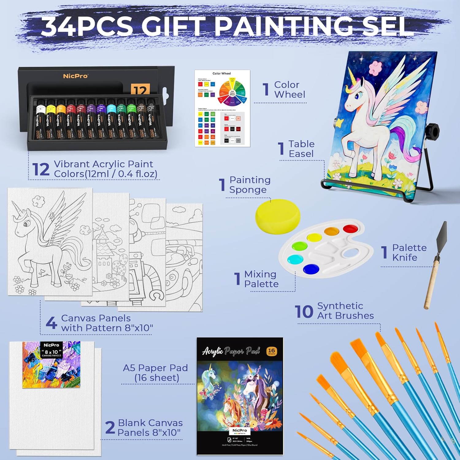 34Pcs Kids Painting Set With Pattern Canvas, Art Painting Supplies Kit With 12 Acrylic Paints,10 Brushes,6 Canvas Panels,Table Easel,Paper Pad,Color Wheel,Palette For Beginner Students