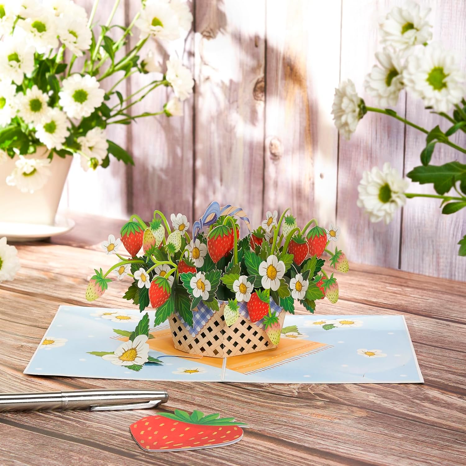 Strawberry Pop Up Card, Strawberries Basket, 3D Greeting Cards, Gift For Birthday, Mothers Day, Anniversary, Valentines Day, Mom, Wife, Her, 5X7 - Includes Envelope And Message Note