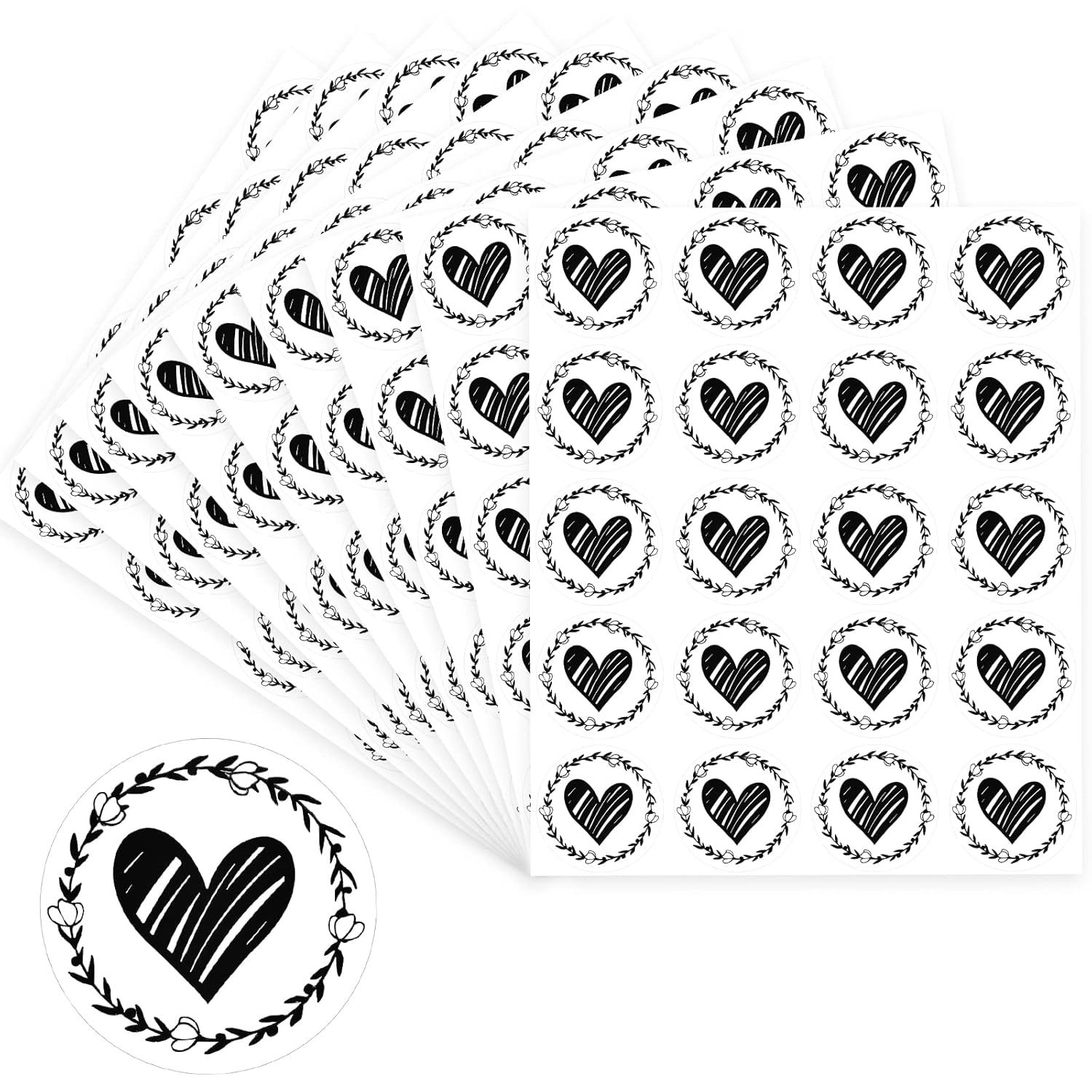 500 Pieces Clear Heart Envelope Seals, Wedding Heart Stickers, Love Stickers 1.26 Inch Round Sealing Sticker For Wedding Invitation Card Bridal Shower Christmas New Year Party Favor(Black)