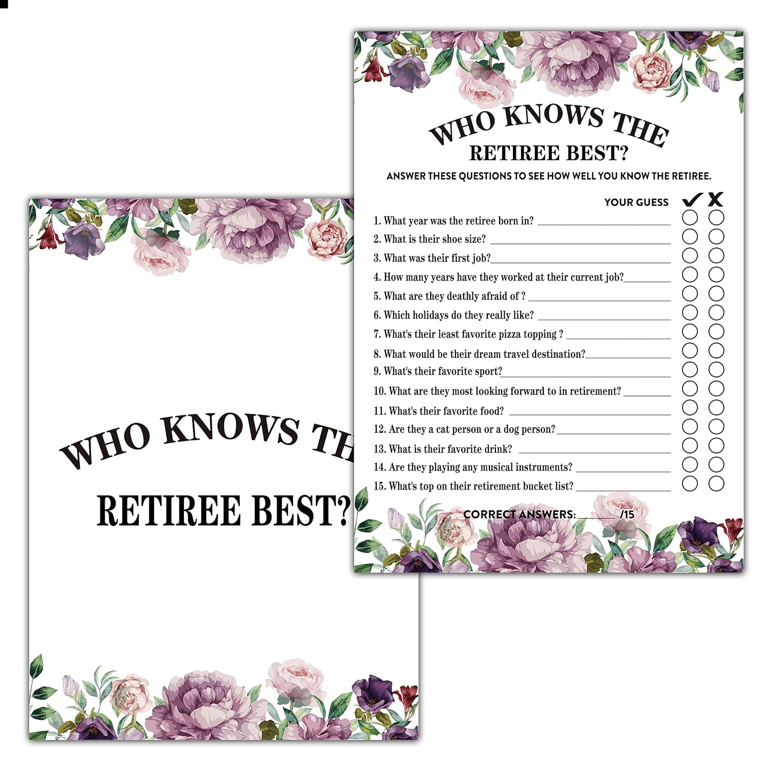 Retirement Party Games, Who Knows The Retiree Best Co-Worker Retirement Party Game Card, Purple Floral Retirement Party Ideas Activities Supplies Decorations(30 Game Cards) - B01