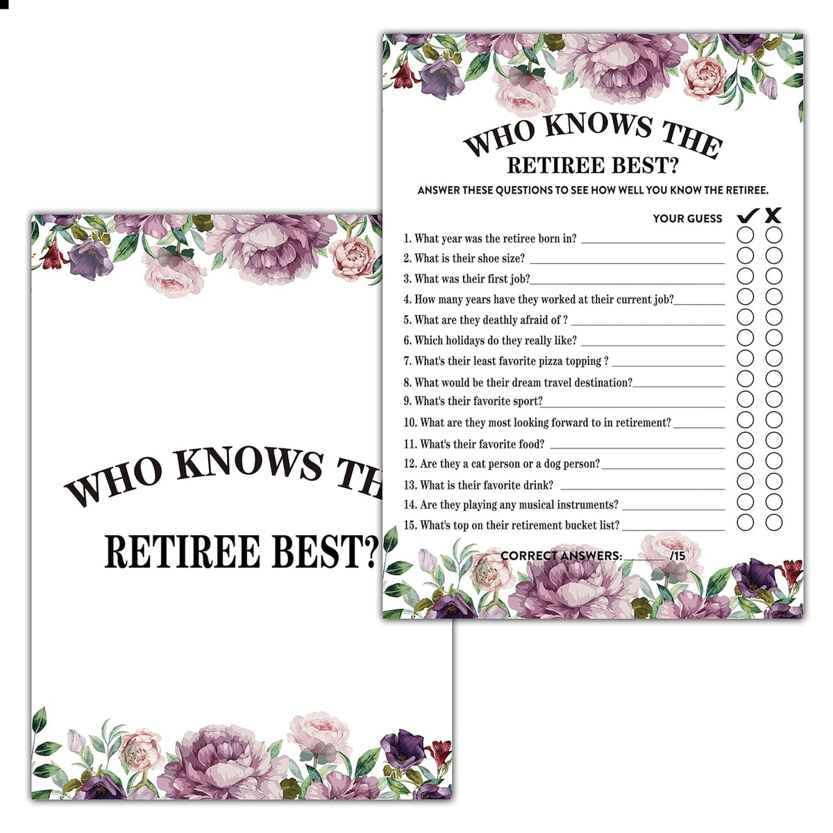 Retirement Party Games, Who Knows The Retiree Best Co-Worker Retirement Party Game Card, Purple Floral Retirement Party Ideas Activities Supplies Decorations(30 Game Cards) - B01