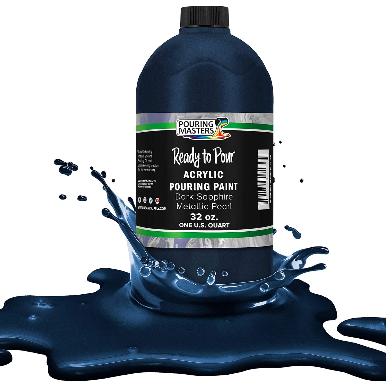 Pouring Masters Dark Sapphire Blue Metallic Pearl Ready To Pour Acrylic Pouring Paint - Premium 32-Ounce Pre-Mixed Fluid Acrylic Paint - Fluid Art Supplies For Canvas, Wood, Paper, Tile & Rocks