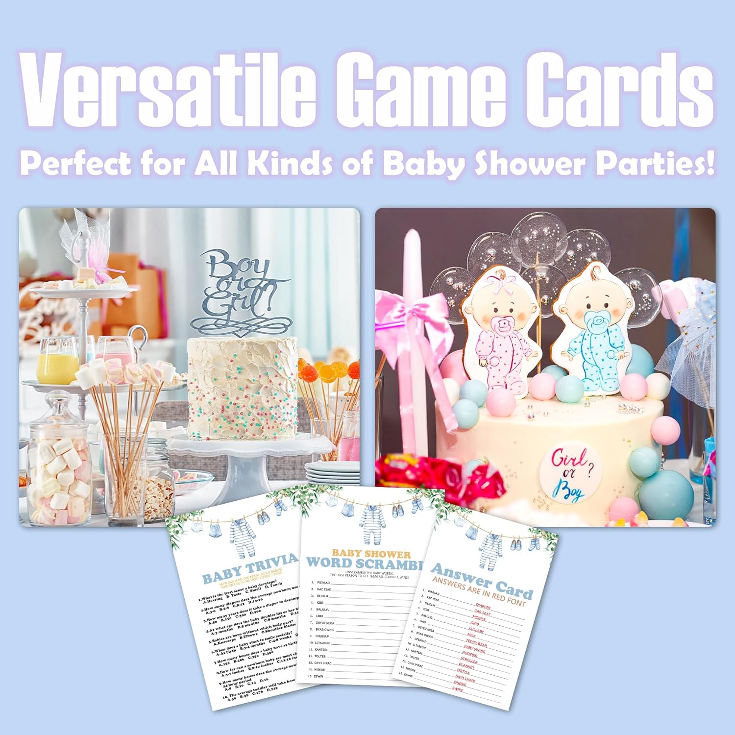 Word Scramble & Baby Trivia Theme Baby Shower Games Activity-Baby Clothes Game Cards For Boys-30 Greenery Game Cards(5”X7”) & 1 Answer Card(4”X6”)-Baby Shower Party Supplies & Favors-A06
