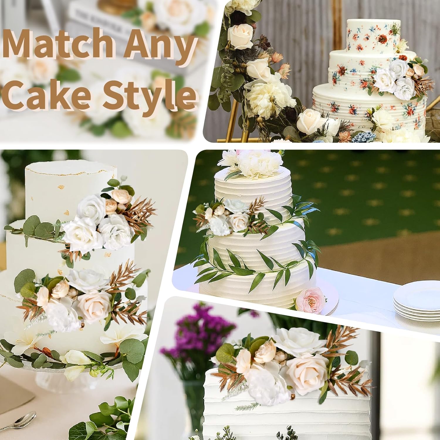 3Pcs Cake Flowers Toppers - White & Champgne Artificial Roses Flower Arrangements, Cake Decorations For Wedding Birthday Baptism Christmas Party