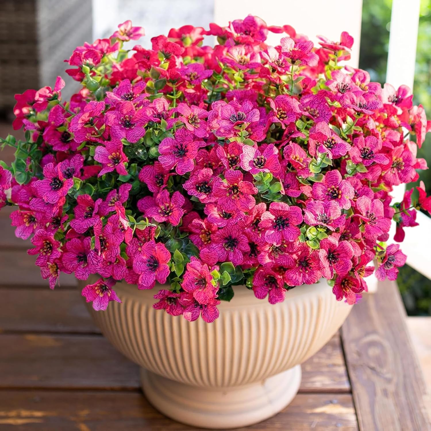 Artificial Flowers For Outdoor Indoor Garden Home Decoration, Faux Flower Daisy With Eucalyptus Leaves Fake Plants Greenery Boxwood Porch Patio, 12 Bundles (Rose Red)