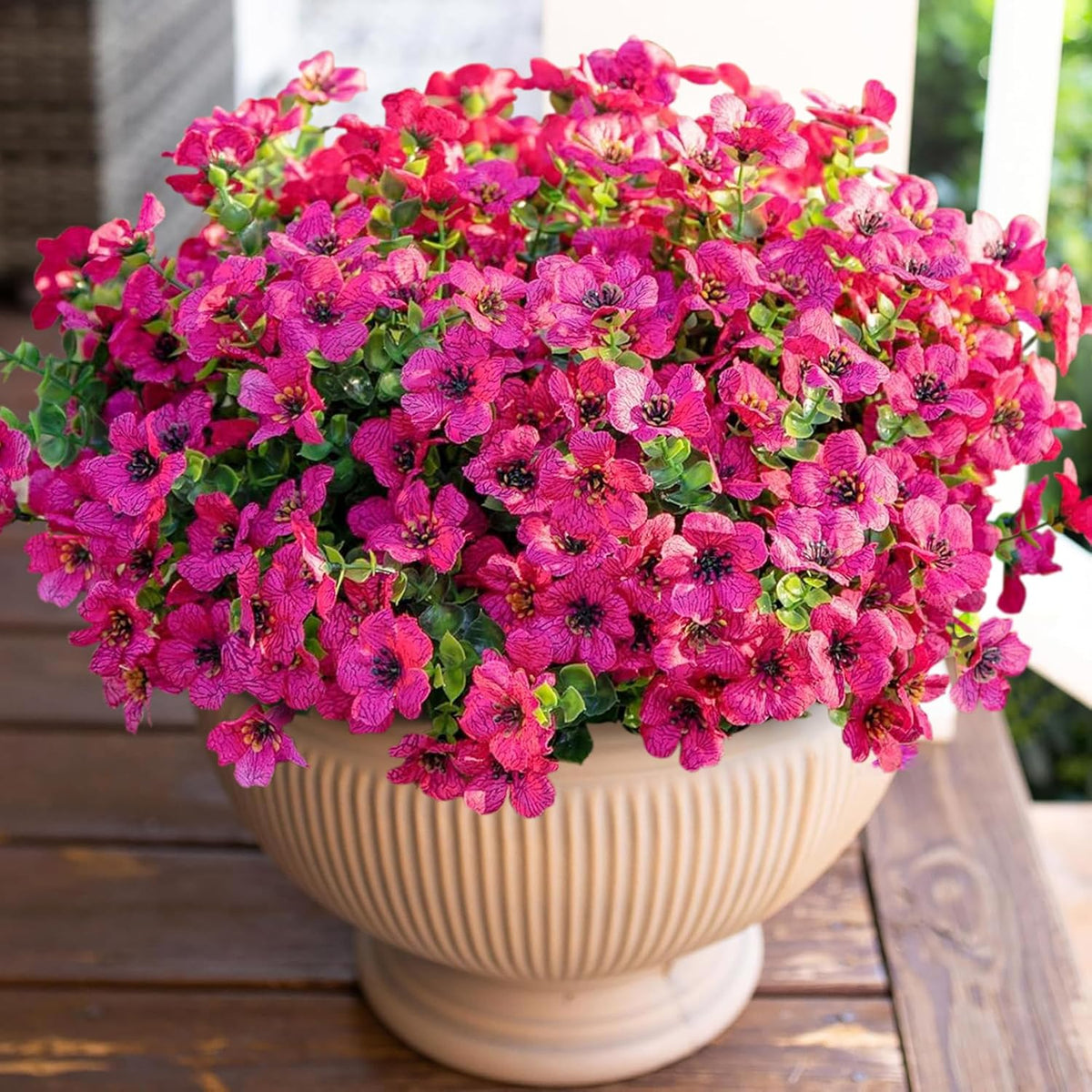 Artificial Flowers For Outdoor Indoor Garden Home Decoration, Faux Flower Daisy With Eucalyptus Leaves Fake Plants Greenery Boxwood Porch Patio, 12 Bundles (Rose Red)