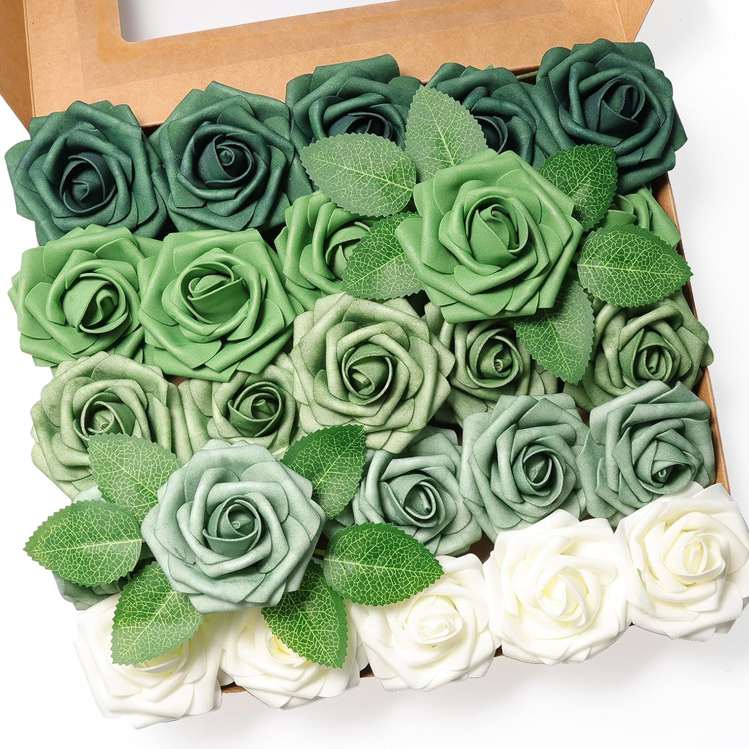 25Pcs Artificial Flower?Real Looking Foam Roses W/Stem For Diy Wedding Bouquets Centerpieces Bridal Shower Party Decor-Shades Of Army Green