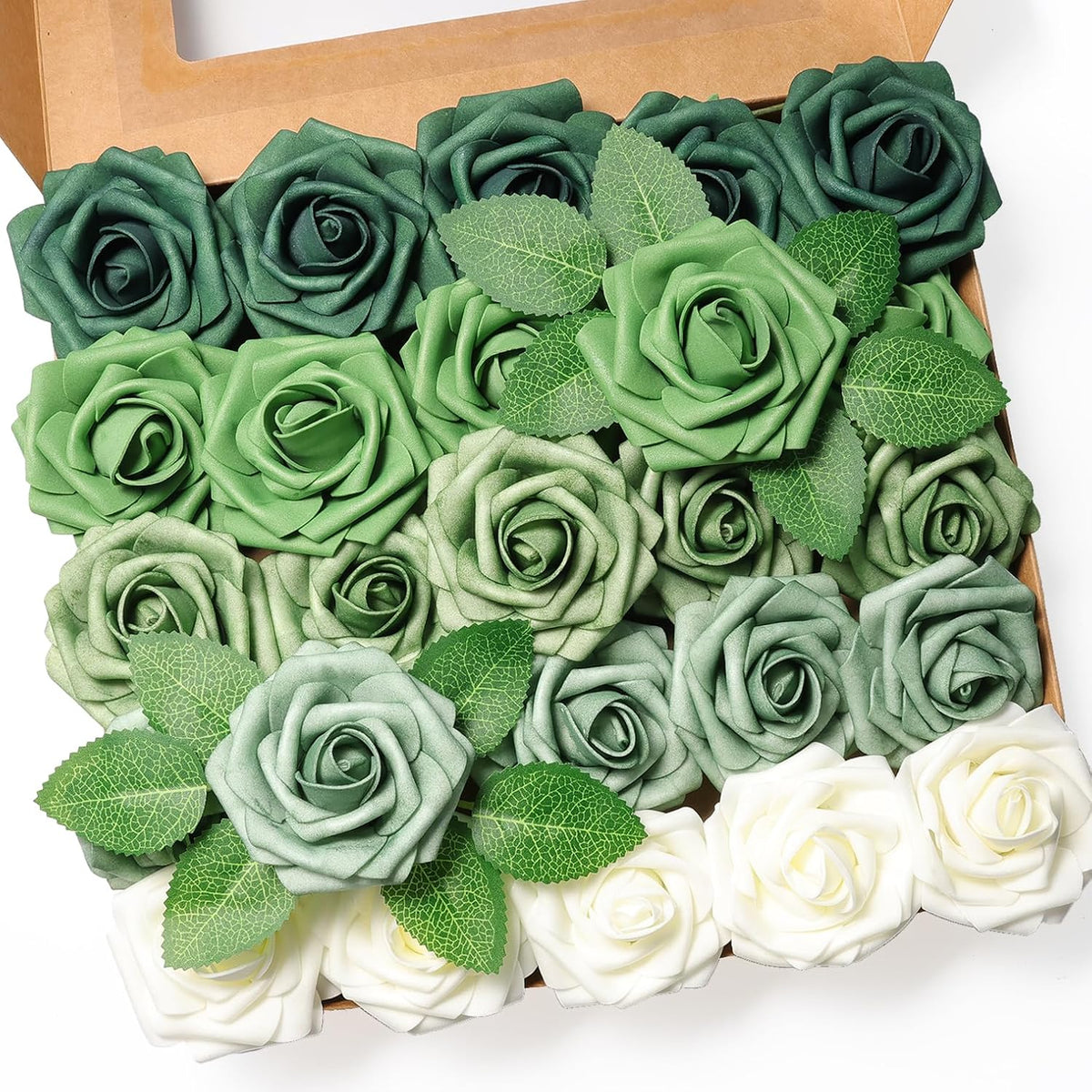 25Pcs Artificial Flower?Real Looking Foam Roses W/Stem For Diy Wedding Bouquets Centerpieces Bridal Shower Party Decor-Shades Of Army Green