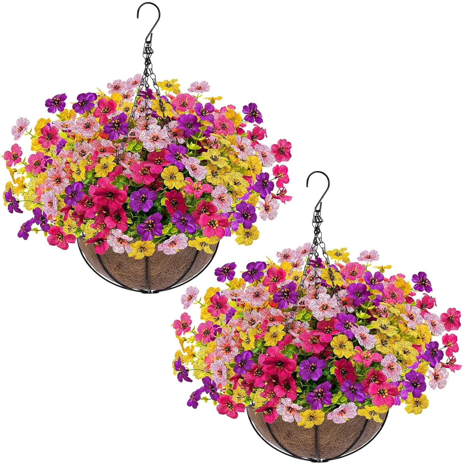 2 Sets Artificial Outdoor Flowers With Hanging Basket, Fake Hanging Plants Set Of 2 Includes 24 Pcs Flowers For Porch, Patio, Garden, Home Decor In Spring Summer (Red, Purple, Yellow, Rose Red)
