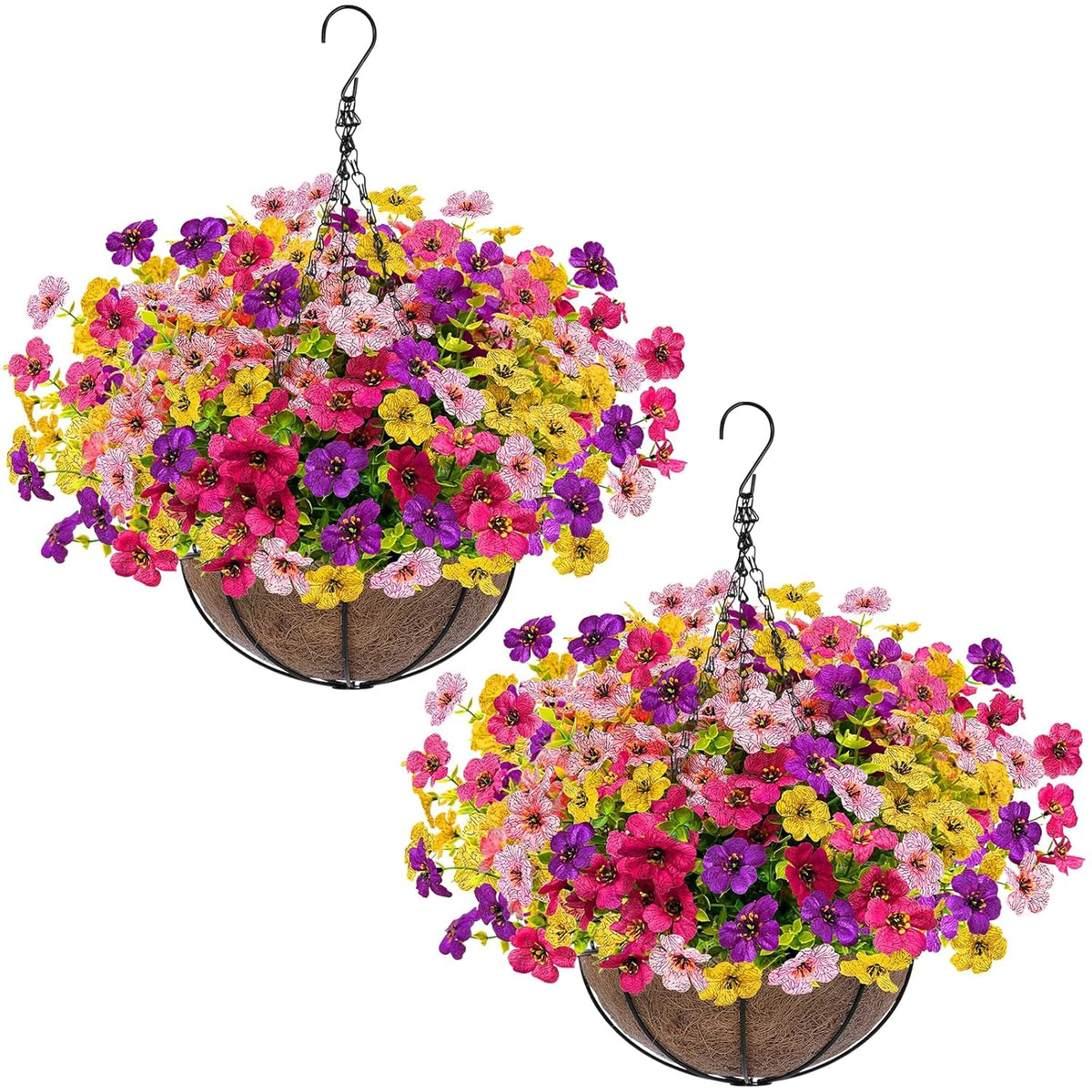 2 Sets Artificial Outdoor Flowers With Hanging Basket, Fake Hanging Plants Set Of 2 Includes 24 Pcs Flowers For Porch, Patio, Garden, Home Decor In Spring Summer (Red, Purple, Yellow, Rose Red)