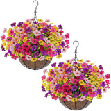 2 Sets Artificial Outdoor Flowers With Hanging Basket, Fake Hanging Plants Set Of 2 Includes 24 Pcs Flowers For Porch, Patio, Garden, Home Decor In Spring Summer (Red, Purple, Yellow, Rose Red)