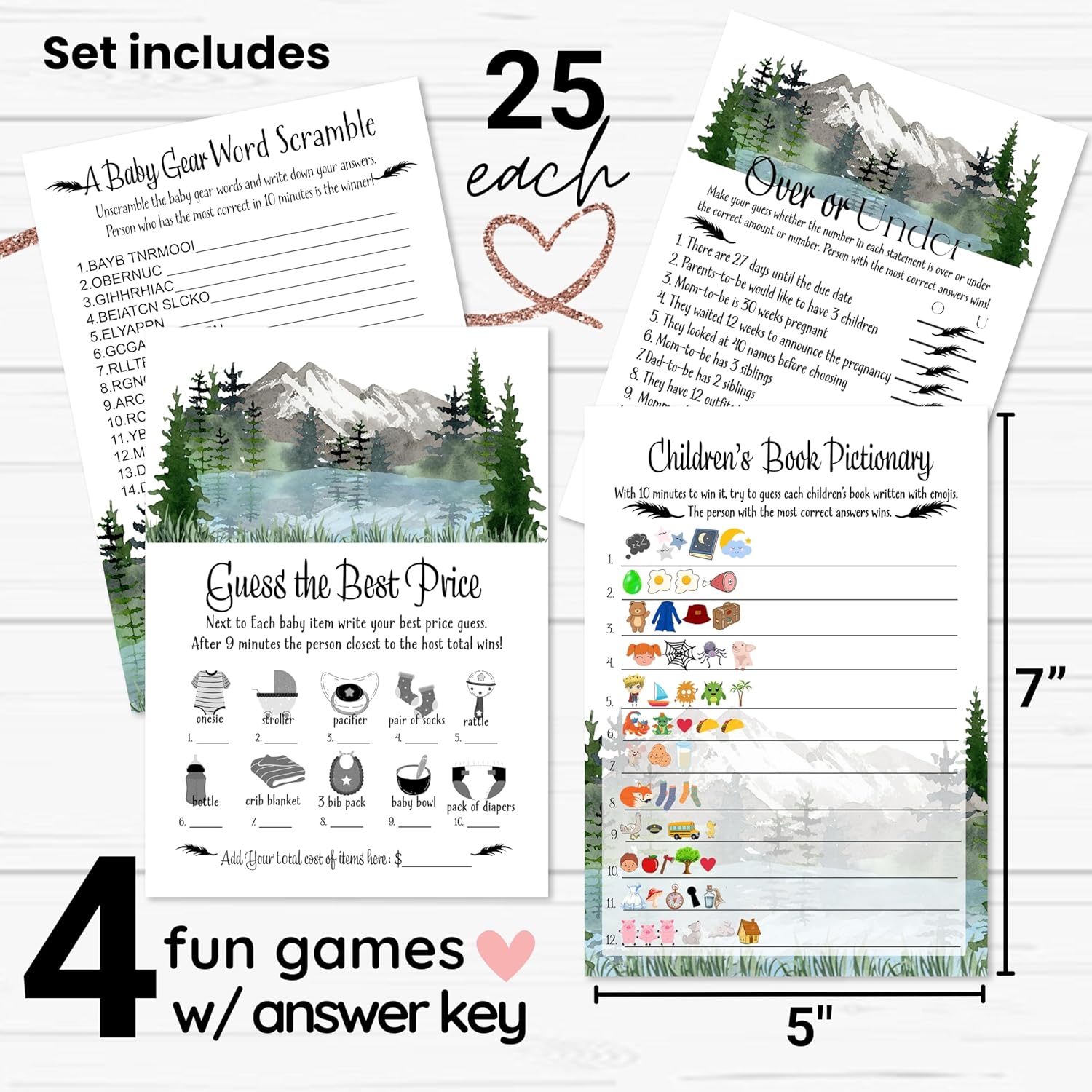 Adventure Awaits Baby Shower Games For Boys - Fun Activities Pack - 25 Each Of Word Scramble, Guess The Price, Over Under, & Storybook Pictionary - Mountain Theme, Double-Sided Cards