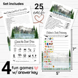 Adventure Awaits Baby Shower Games For Boys - Fun Activities Pack - 25 Each Of Word Scramble, Guess The Price, Over Under, & Storybook Pictionary - Mountain Theme, Double-Sided Cards