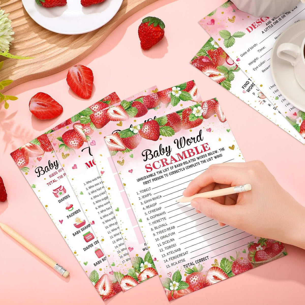 320 Pcs Strawberry Baby Shower Games Includes 6 Games Each 50 Sheets With 20 Pencils Includes Baby Descriptions And Wishes Game Guess Who Bingo Word Search