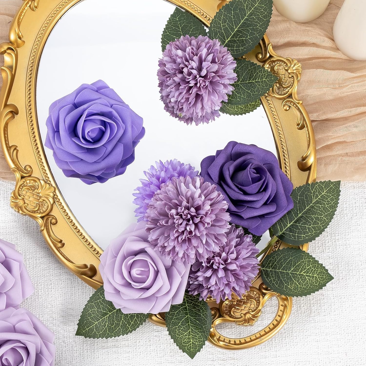 Purple Flower Artificial Roses Faux Flowers With Stems Mix Fake Roses Dahlia Chrysanthemum Ball For Wedding Bridal Bouquets, Table Centerpieces, Baby Shower, Party, Home Decorations