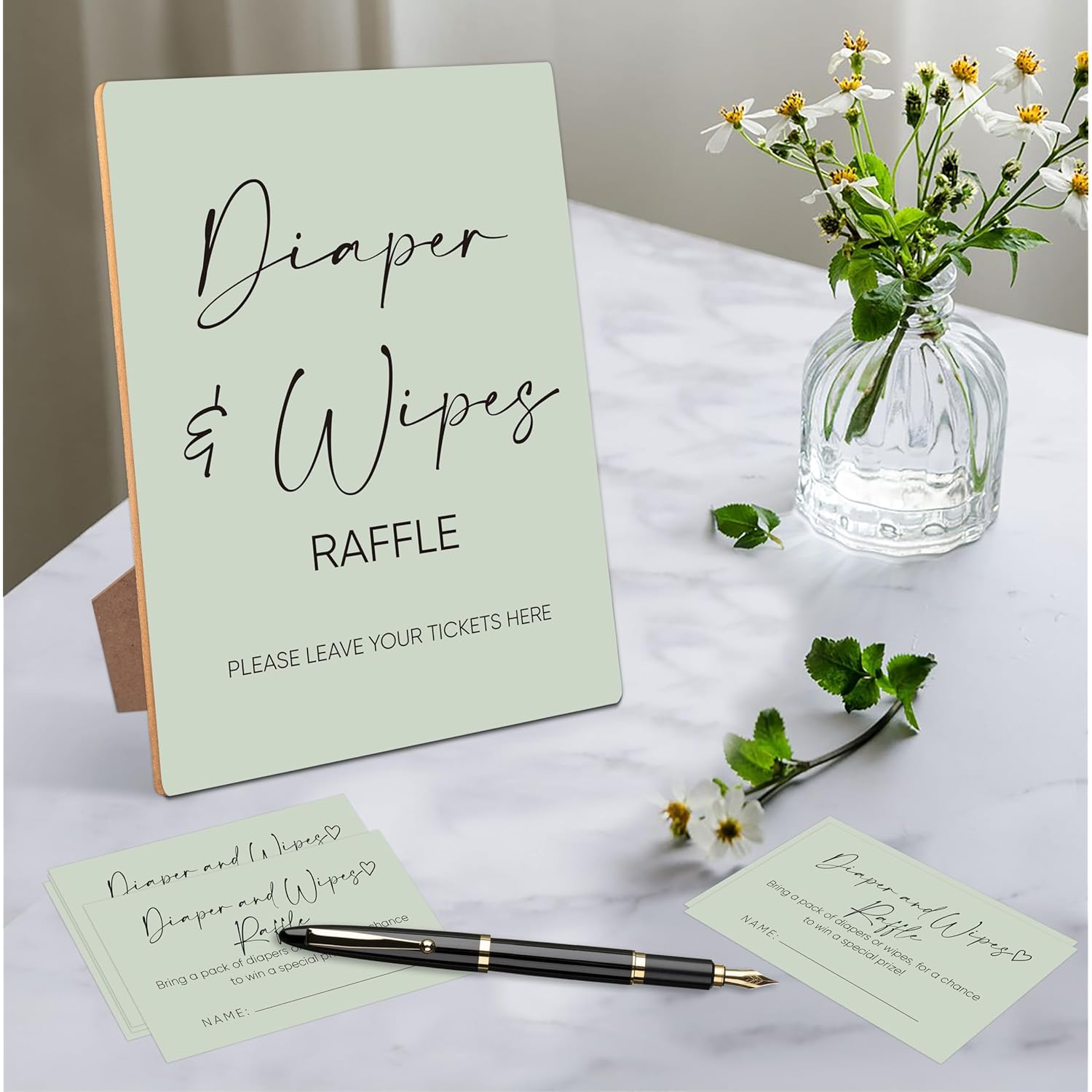 Diaper And Wipes Raffle Baby Shower Games,Baby Shower Decorations,Baby Shower Signs,Gender Reveal Decorations,Baby Shower Bingo,1 Wooden Play Sign With Stand And 50 Raffle Tickets Set ?Green12?
