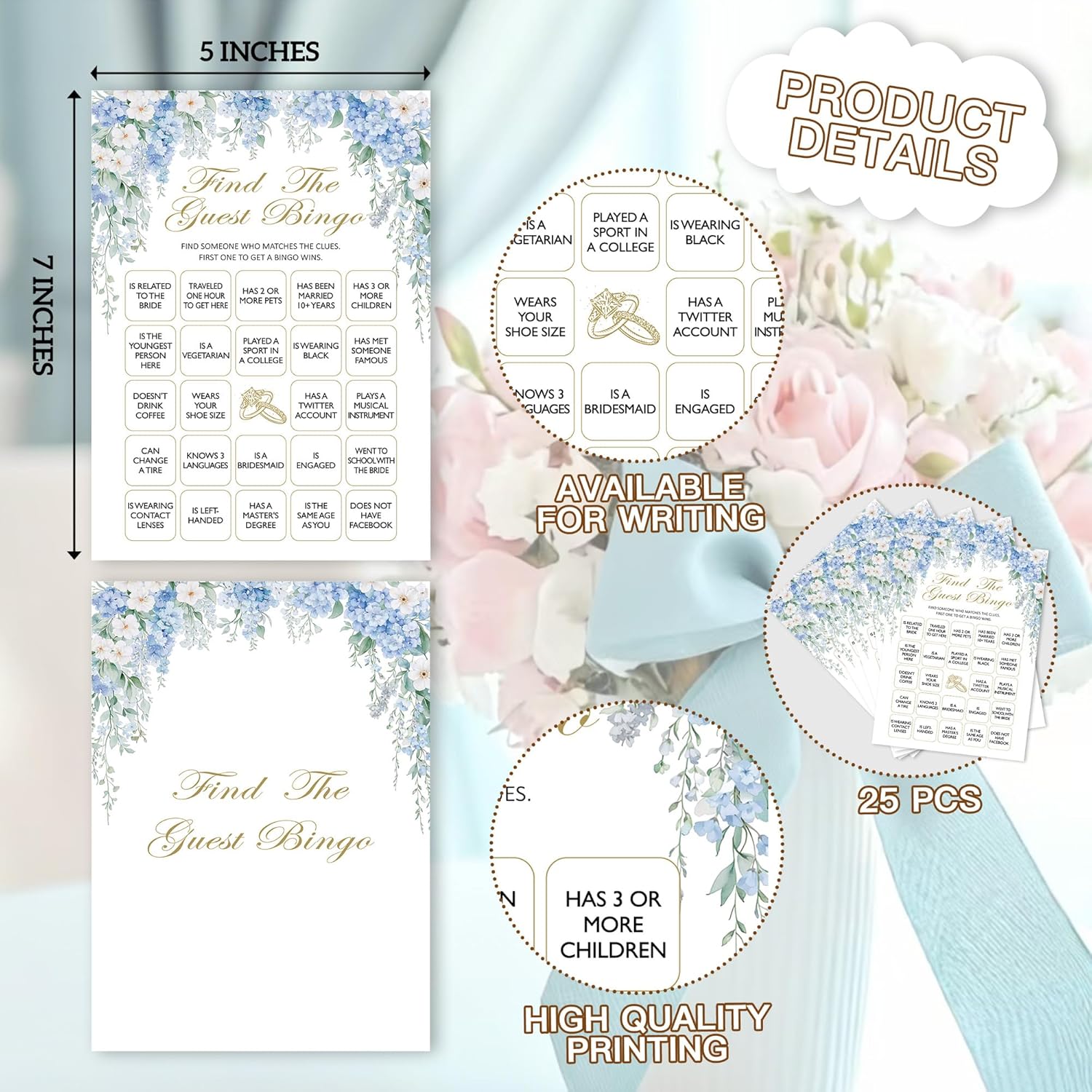 Bridal Shower Games, Blue Hydrangea Wildflowers Wedding Party Decorations Supplies, Find The Guest Game Cards For Spring Bachelorette Engagement Wedding Party, Minimalist, 02
