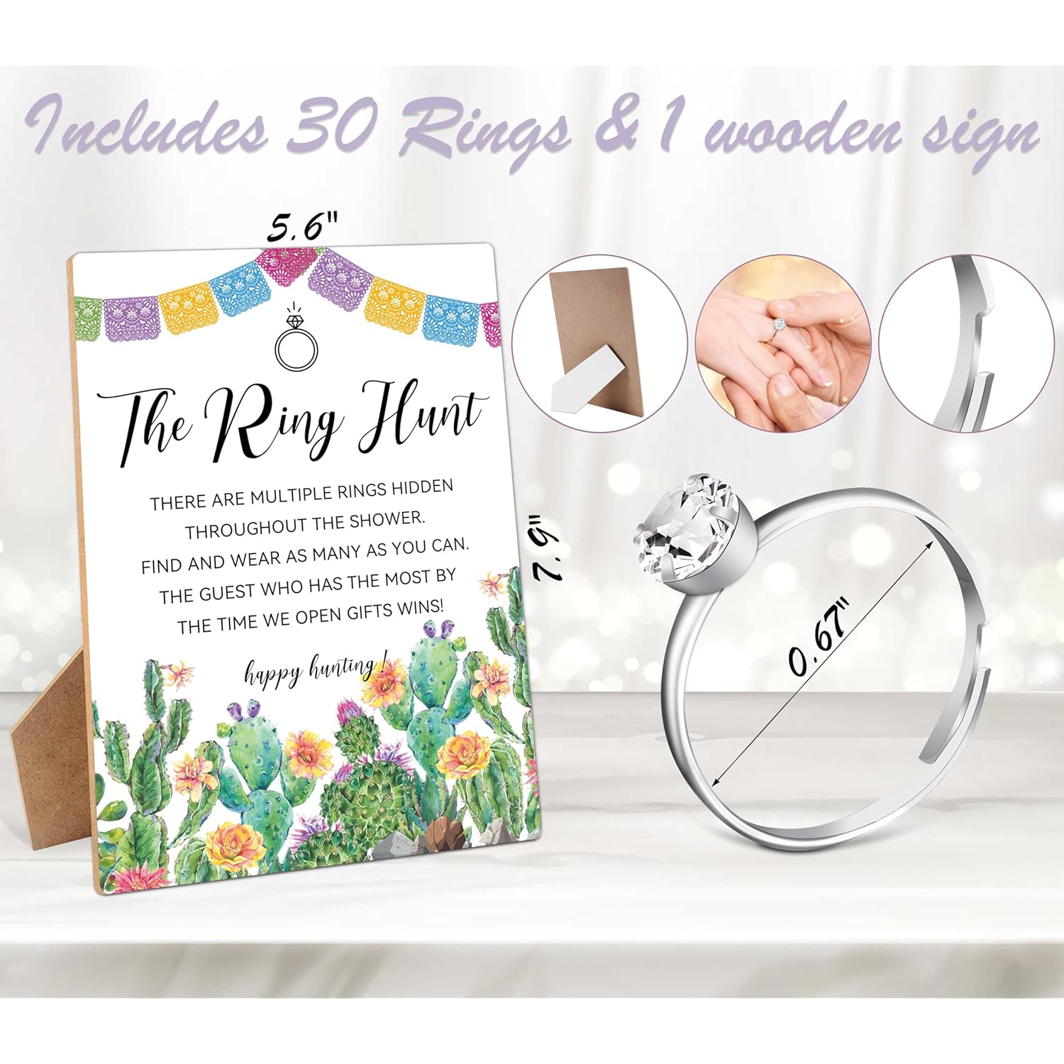 Bridal Shower Games With Rings, The Ring Hunt Game Wooden Sign And 30 Mini Plastic Rings, Mexican Fiesta Wedding Shower Engagement Party Games, Bridal Shower Bachelorette Decorations Favors