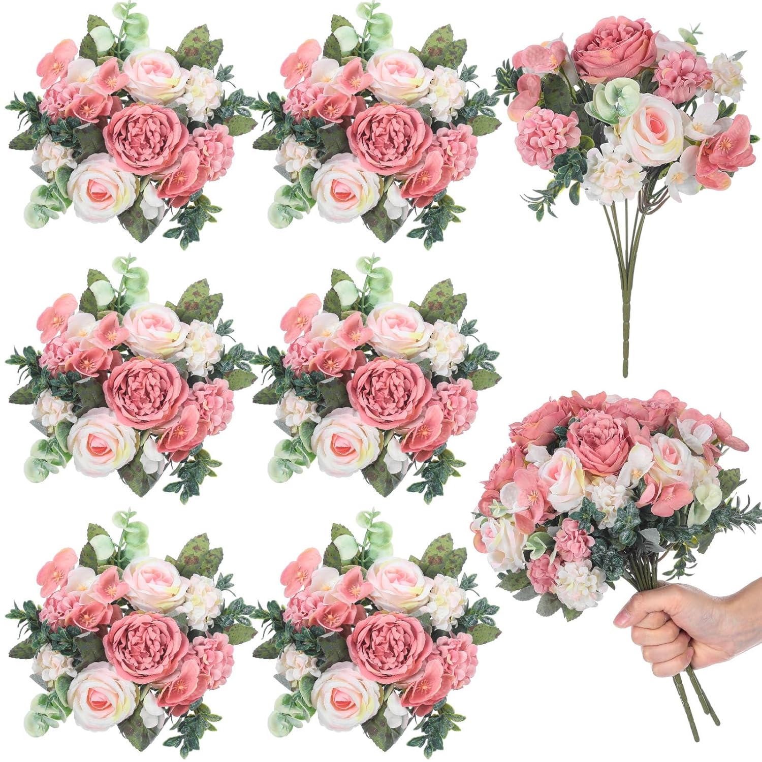 6 Pcs Artificial Peony Silk Florals Fake Mix Silk Peony Rose Faux Flower Hydrangea Bouquet Elegant Realistic Wedding Floral Centerpiece For Home Party Table Arrangement (Light Pink)