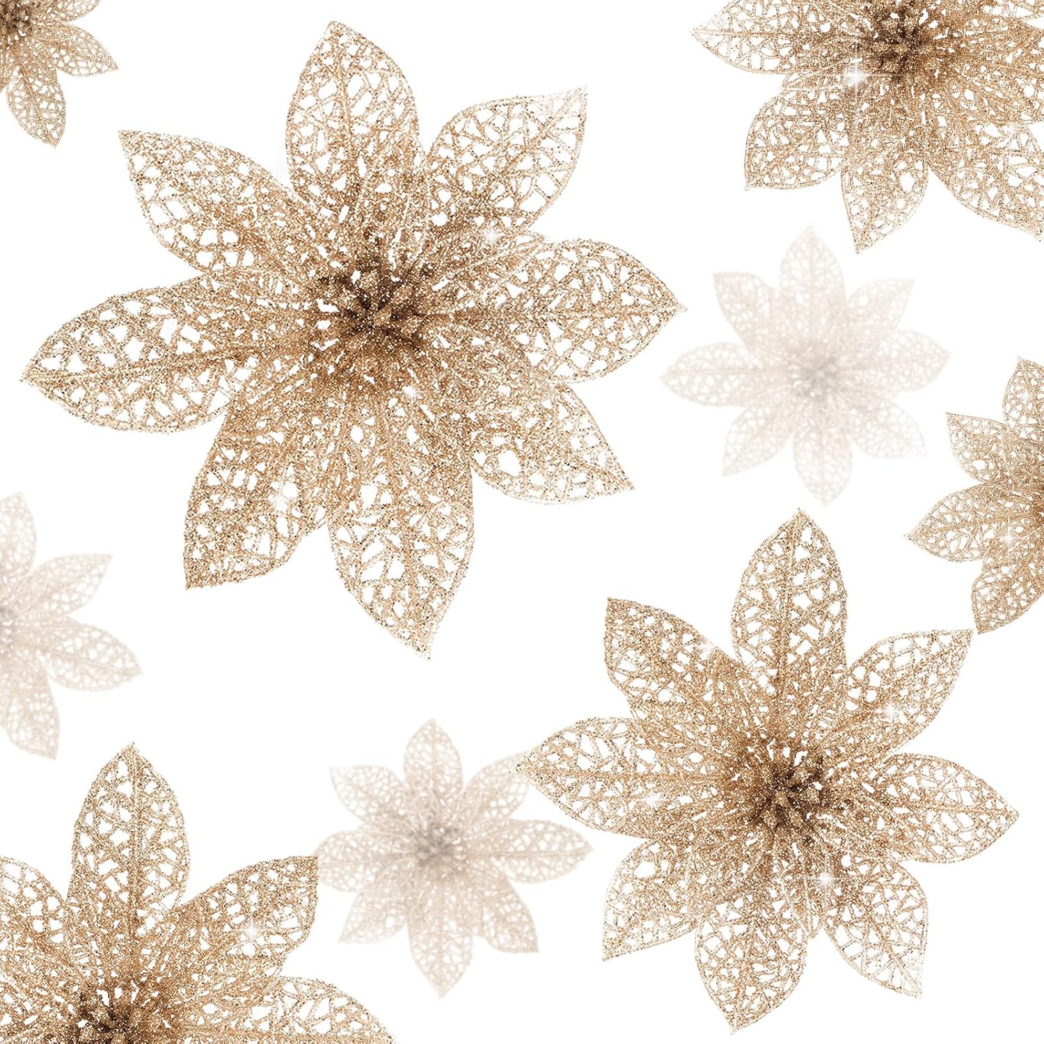 24 Pieces Glitter Poinsettia Flowers Christmas Tree Ornaments, Glitzy Poinsettia Bushes Christmas Decorations For Xmas/Holiday/Seasonal/Wedding (Champagne)