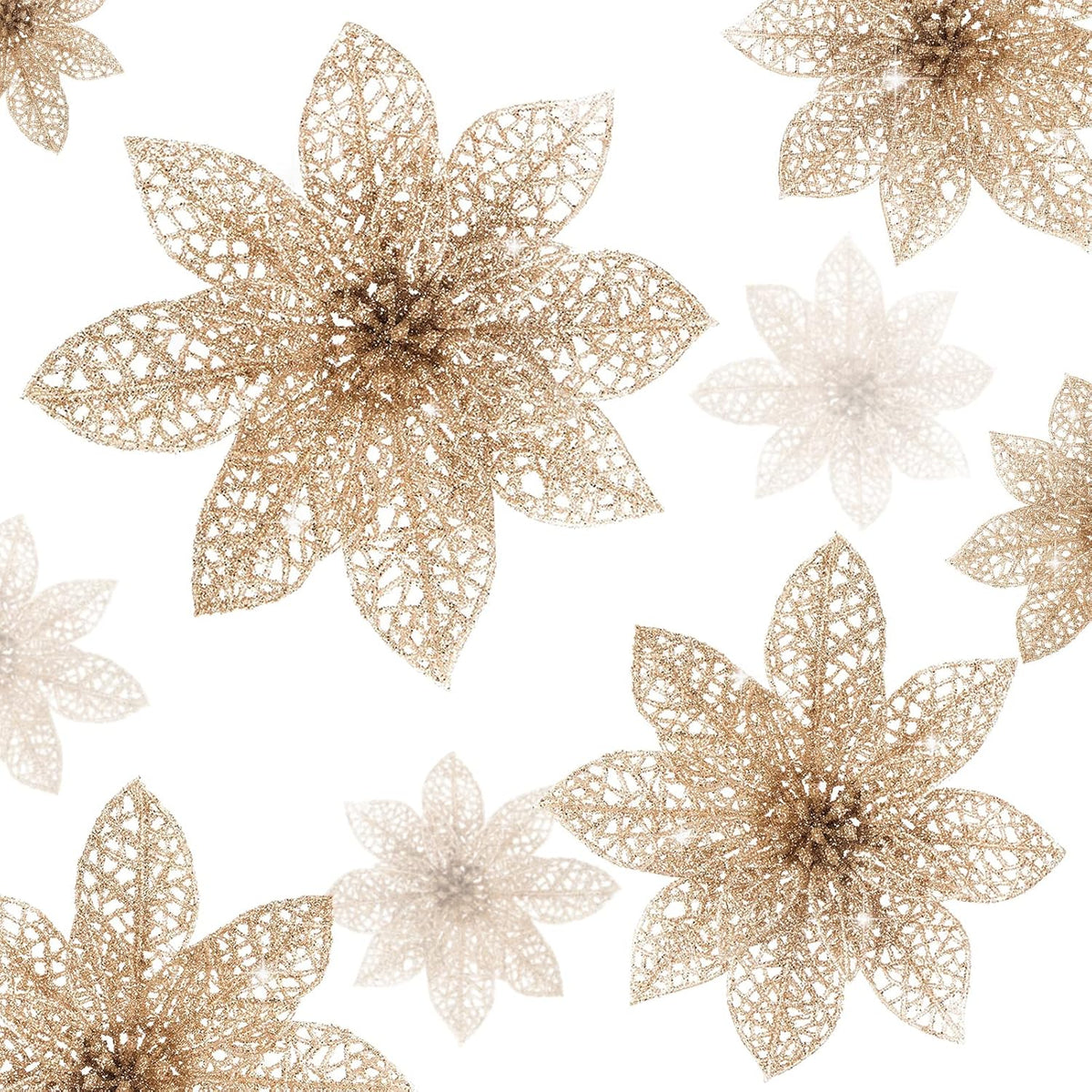 24 Pieces Glitter Poinsettia Flowers Christmas Tree Ornaments, Glitzy Poinsettia Bushes Christmas Decorations For Xmas/Holiday/Seasonal/Wedding (Champagne)