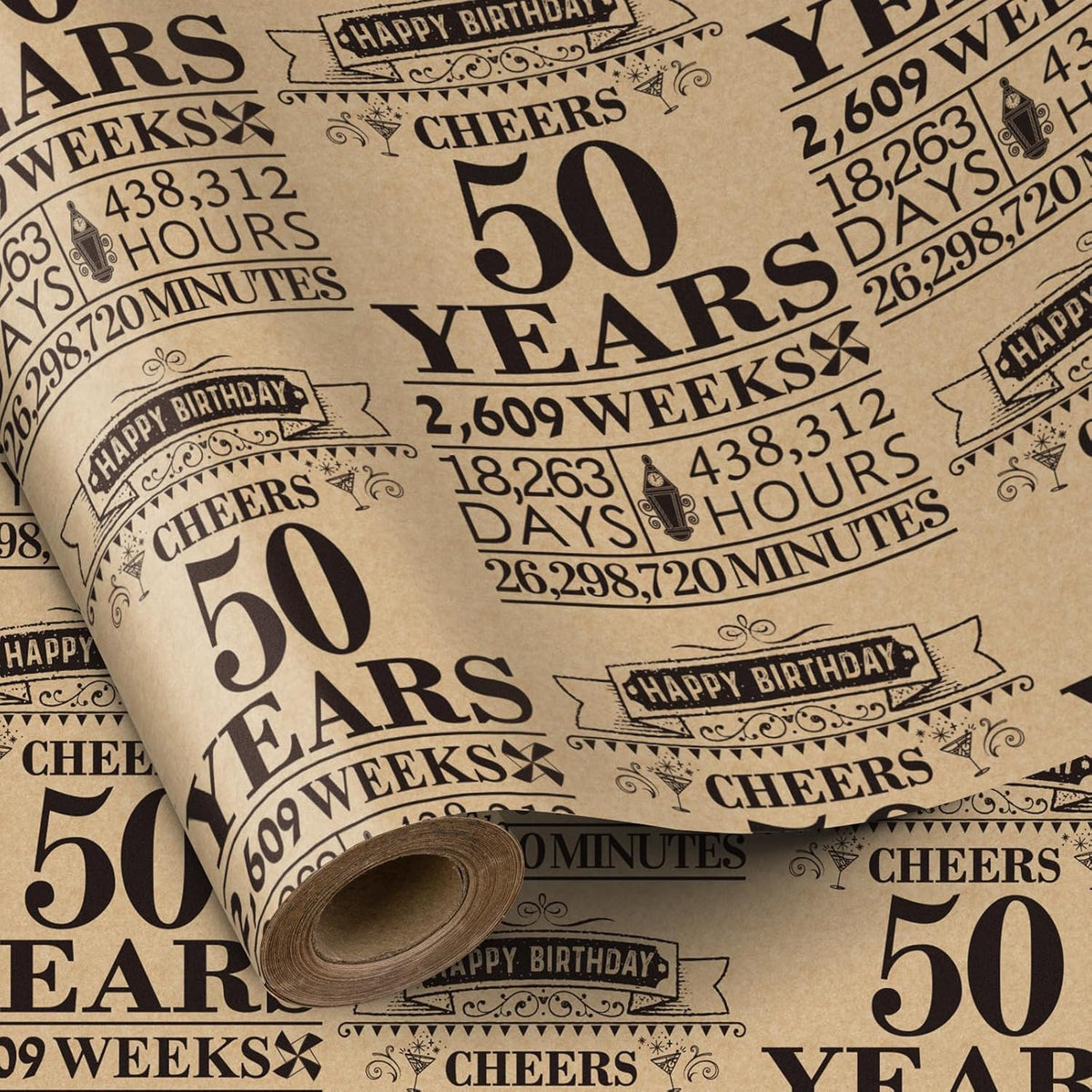 50Th Birthday Wrapping Paper Roll, Black Design, 17 Inches X 16.4 Feet, 1 Count (Pack Of 1), Perfect For Birthday, Party, Holiday Gifts