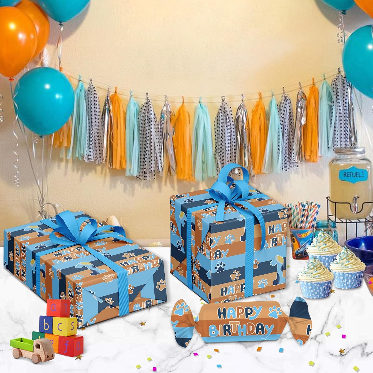 Happy 1St Birthday Wrapping Paper, 10 Sheets Blue Orange Dog Paw Gift Wrap Paper For Kids Boys Girls Birthday Party Baby Showers Holiday Greetings Present Packing | 19.7×27.6 Inch